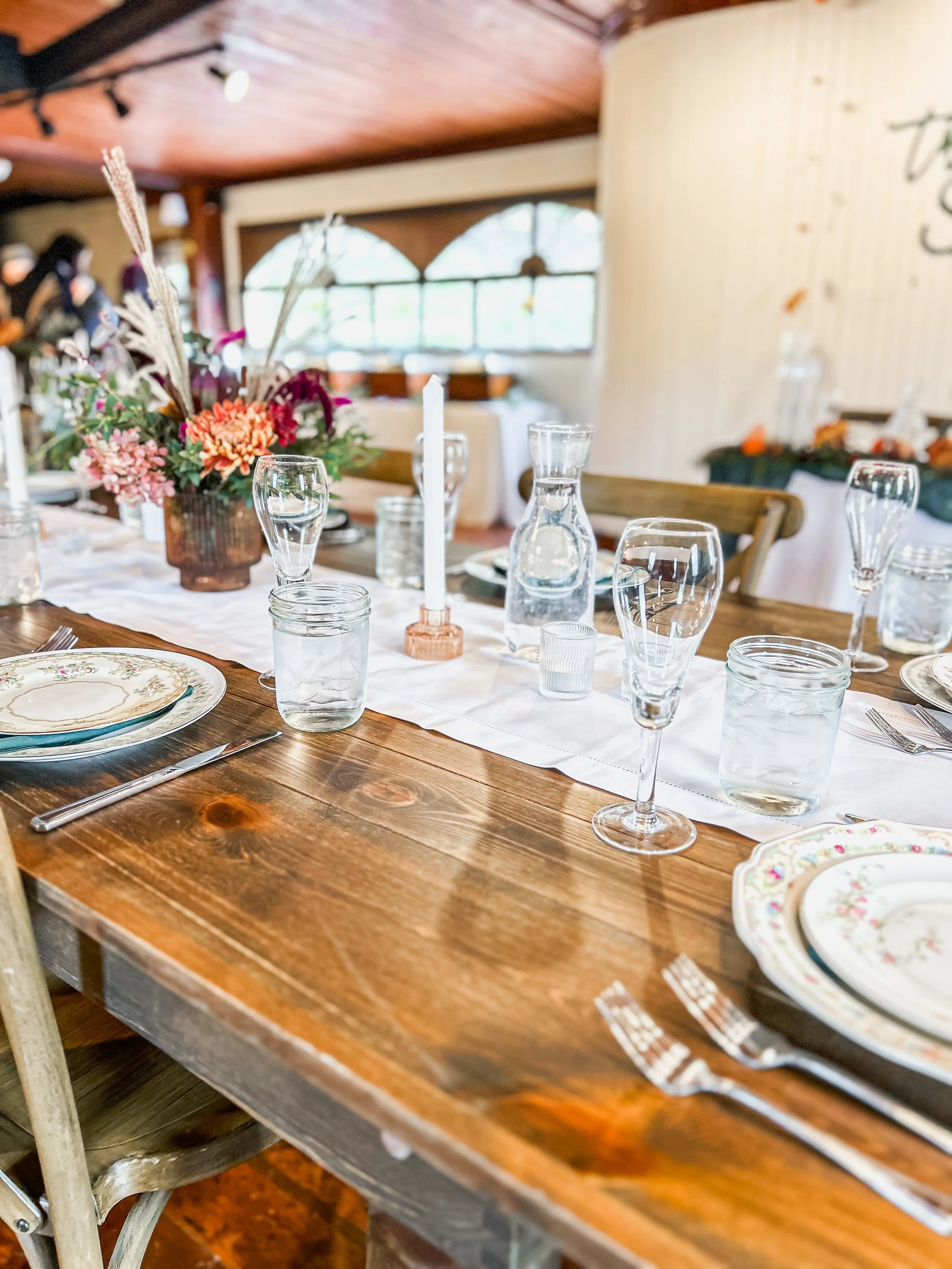 Wooden Tables dressed for a wedding