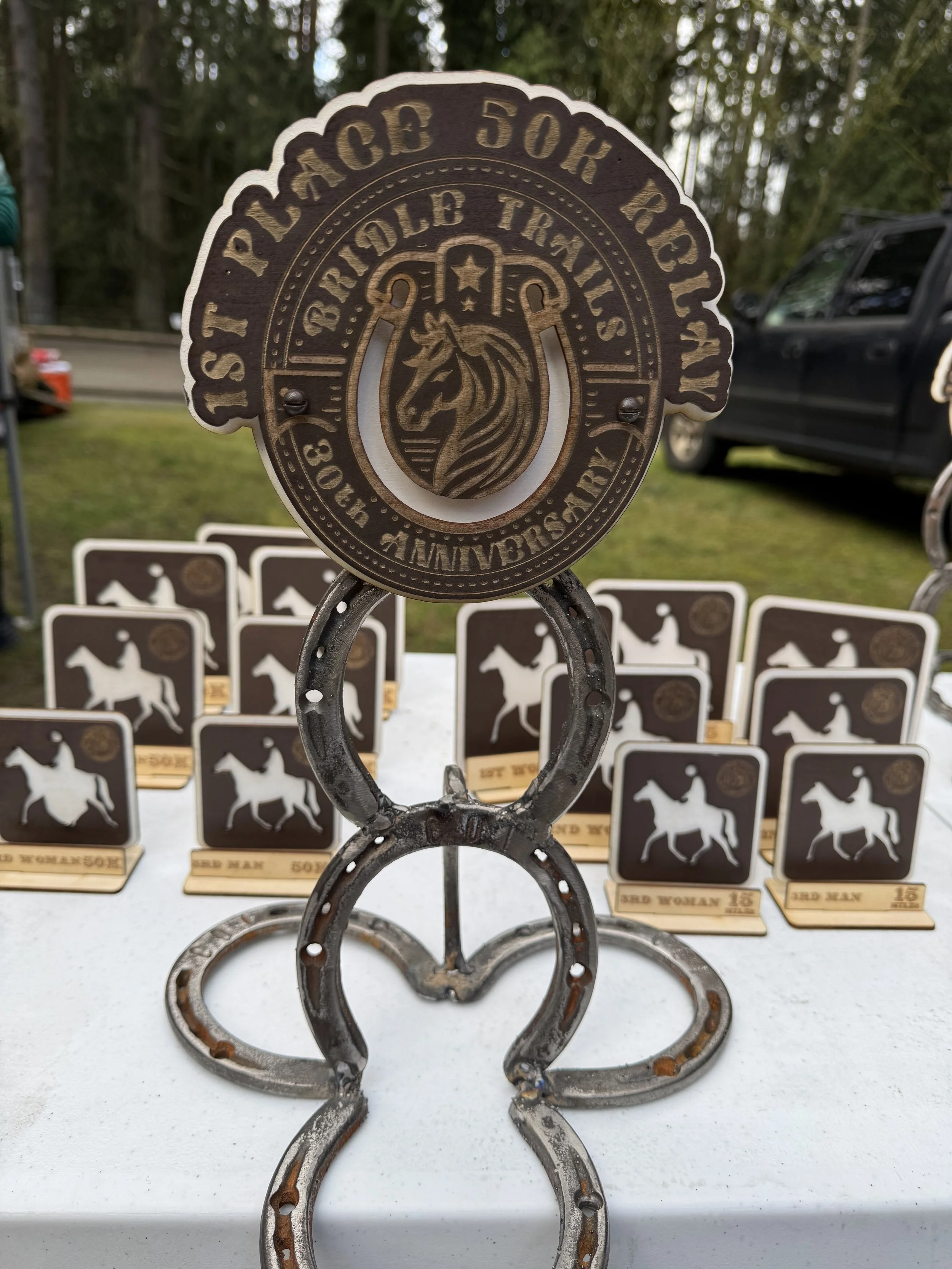 A metal decorative piece shaped like three horse shoes stacked vertically with a round Mao badge on top, featuring a unicorn head and the text 'First Place for Rebellion' and 'Established 2018'. In the background, there are multiple small rectangular