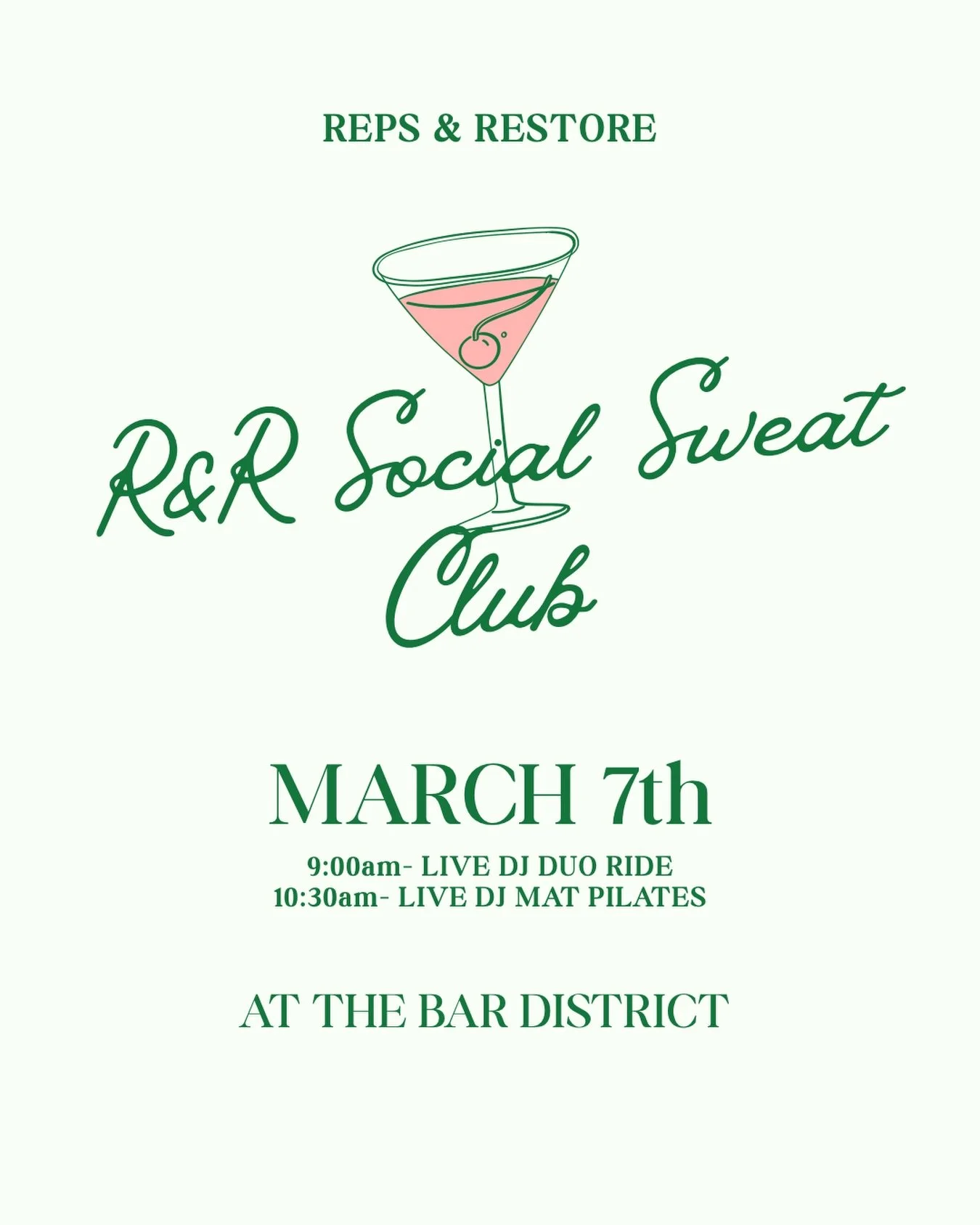 COME SWEAT AND SOCIALIZE WITH US MARCH 7TH!🍀

Join us for our annual Reps &amp; Restore party @bardistrictfortcollins 🙌🏼

What you can expect:
&bull; Live DJ Duo Ride with @haleycarsonie &amp; @thebriannemurphy 
&bull; Spicy Mat Pilates with @jmar
