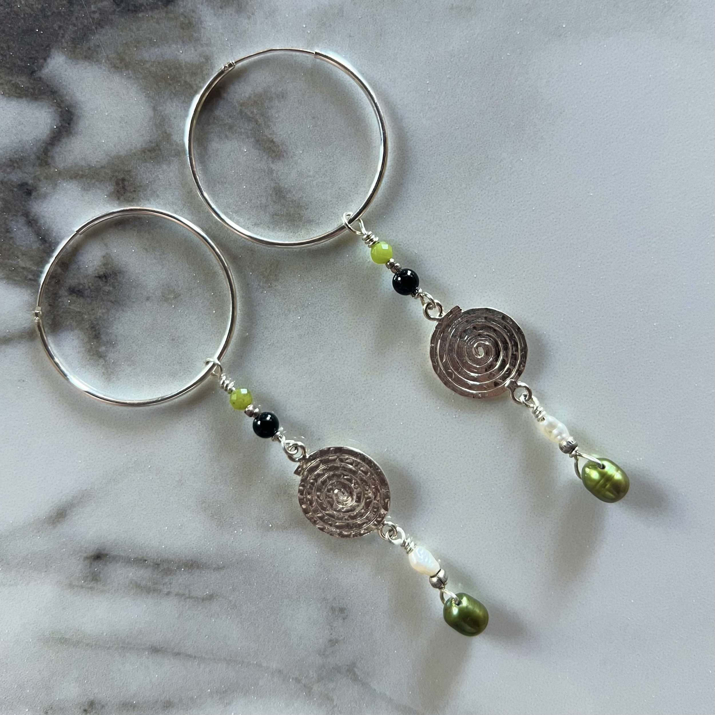 Green Pearl & Spiral Charm Hoop Earrings