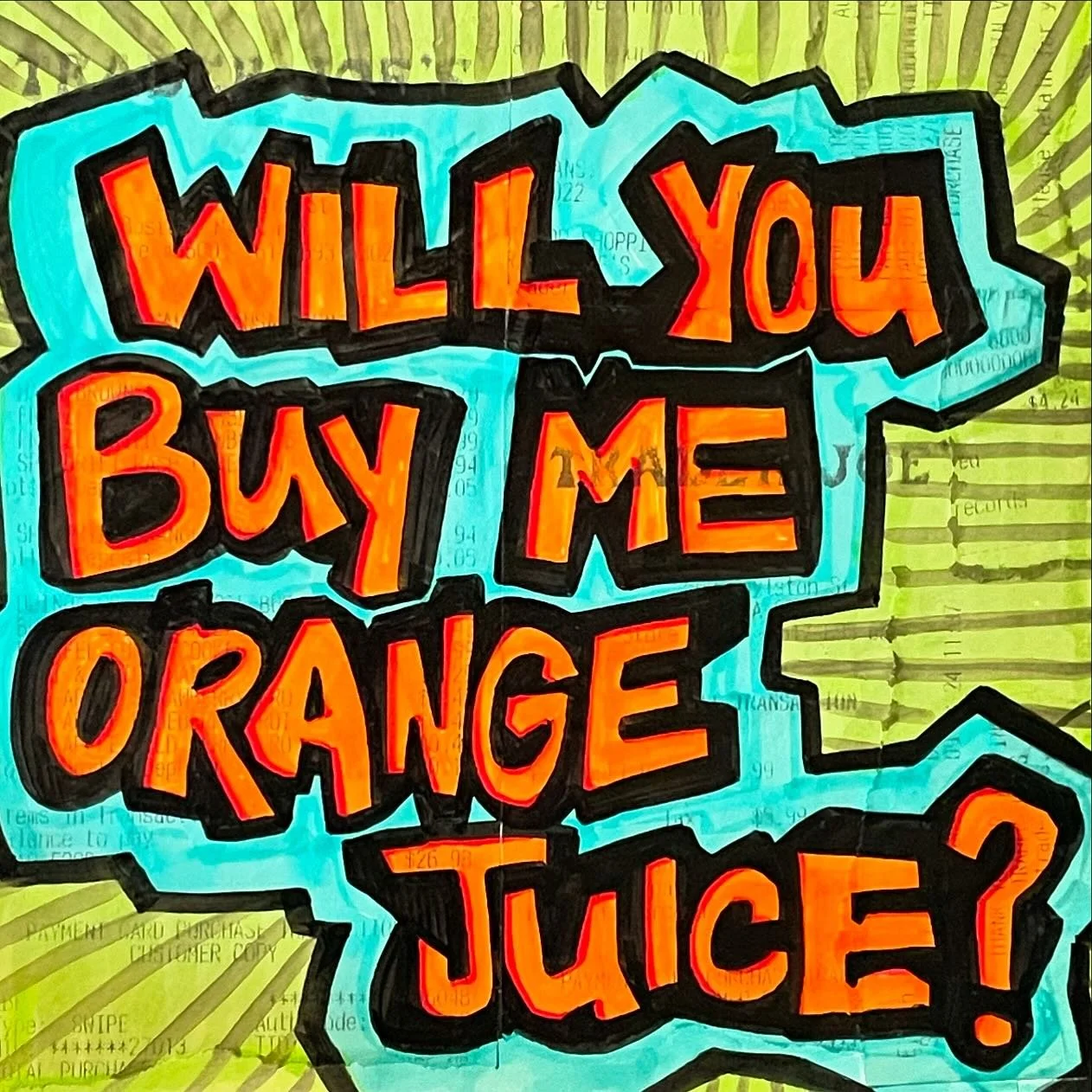 It could be considered a love language 🍊🧃🤷🏻&zwj;♀️

A little sketchbook spread drawn on top of some Trader Joe's receipts, but my markers erased most of the receipt ink - womp womp... 

#sketchdaily #sketchbook #sketchbookspread #orange #orangeju