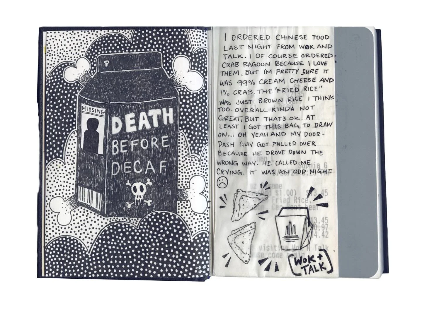 ✏️ Sketchbook Saturday - Death before decaf zendoodle and my adventures of Chinese takeout... 

#sketchbook #sketchbookdrawing #sketchbookpages #sketchbookspread #sketchbooksaturday #coffee #deathbeforedecaf #chinesefood #chinesetakeout #sketchbookjo