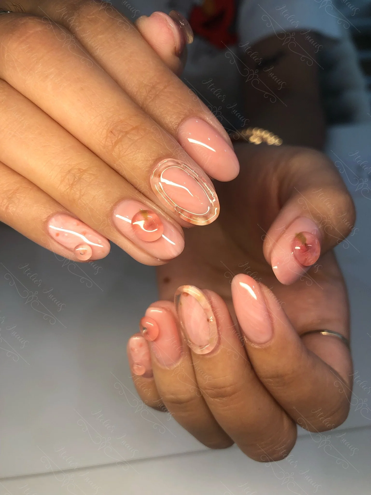 Japanese Nail Art in Nude Pink with Embossed Elements