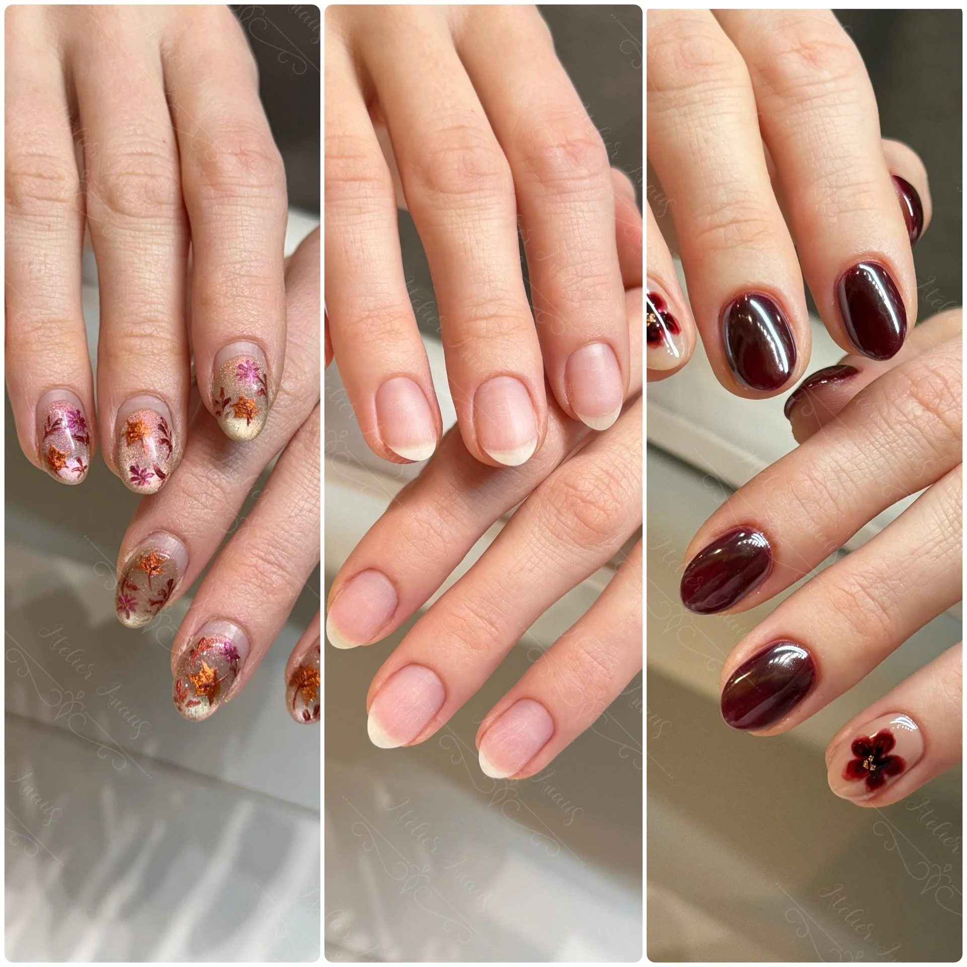 What healthy nails really look like. Floral nails after five weeks without chipping, healthy natural nails, and burgundy nails. At Atelier Anaiis, specializing in natural nail care.