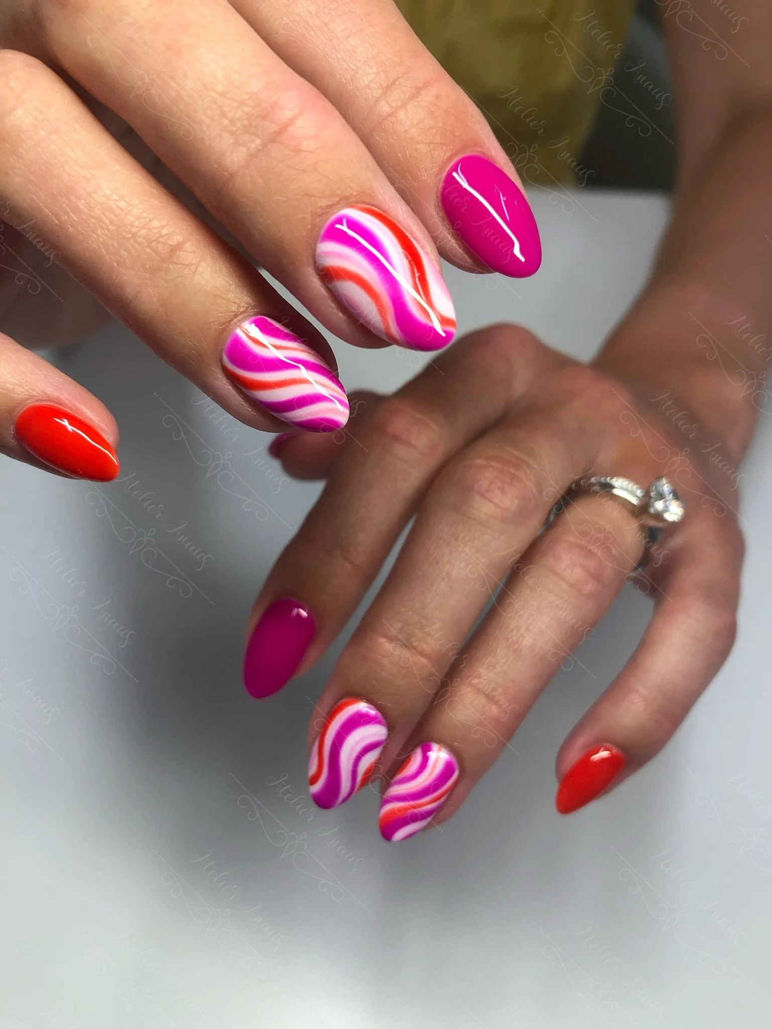 Valentine’s Day Nails in Red, Pink, and Swirls