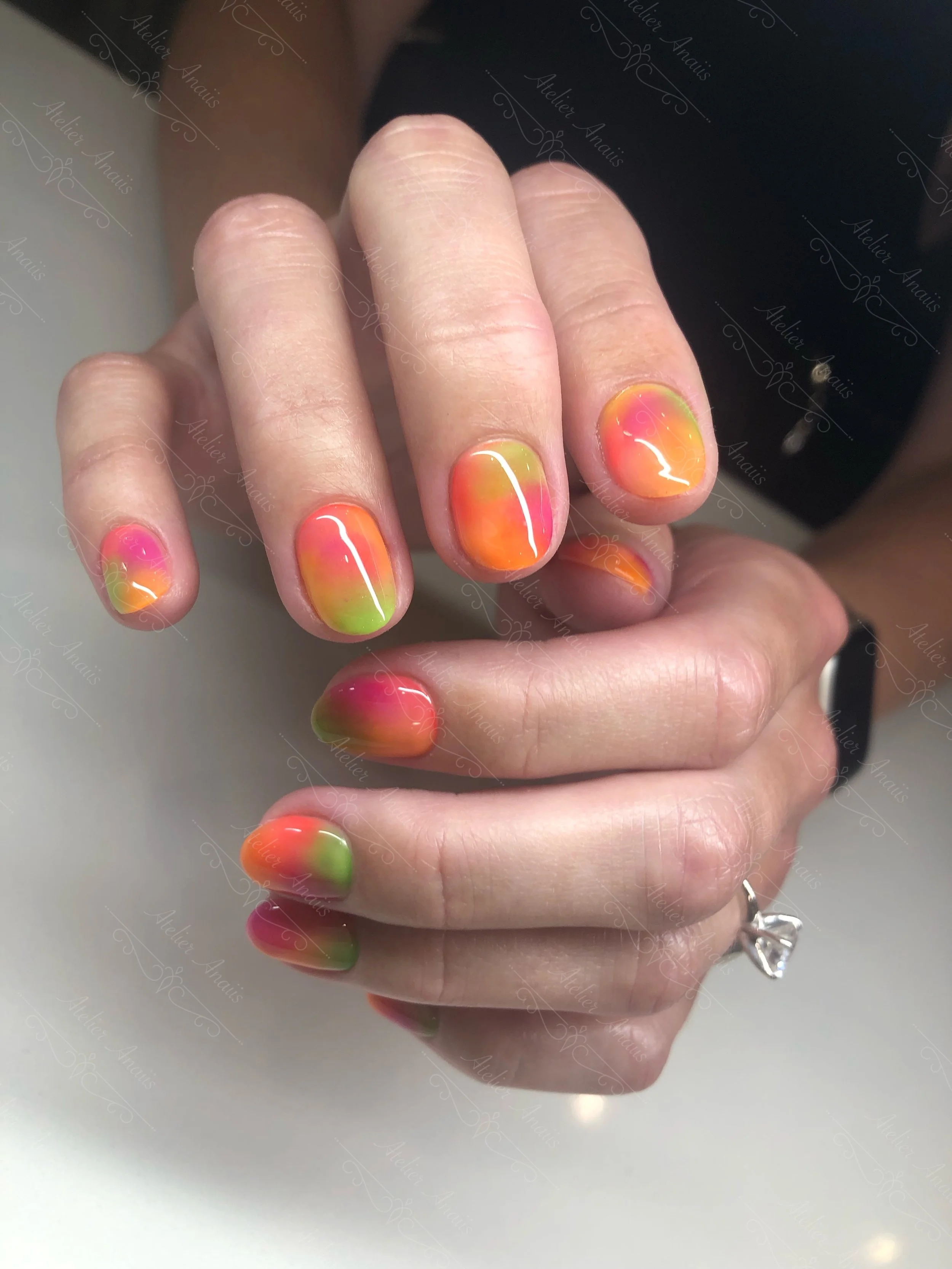 Multicolored Mango Chili Nails on Short Natural Nails