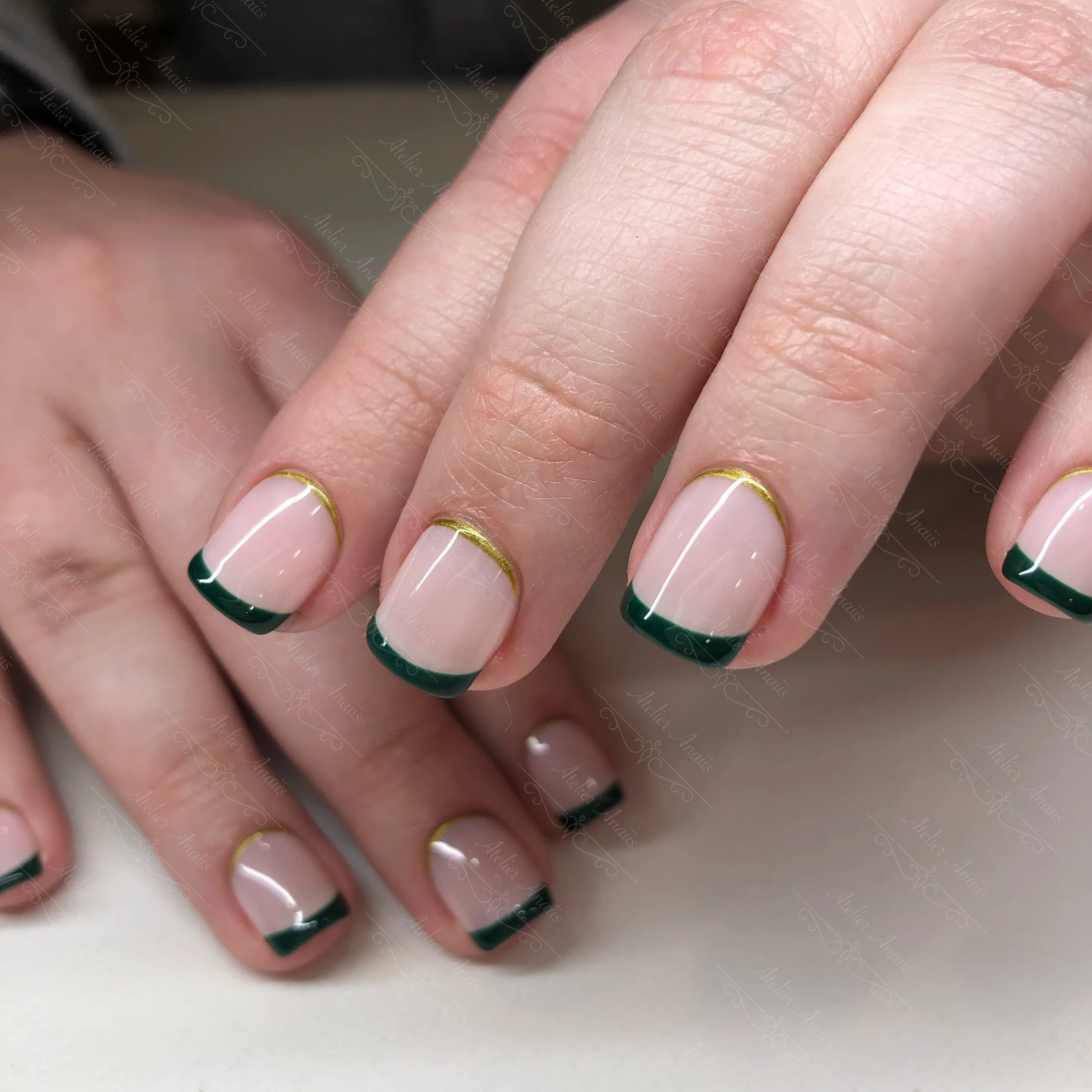 Classy Short French Nails with Green Tips and Reversed Silver French