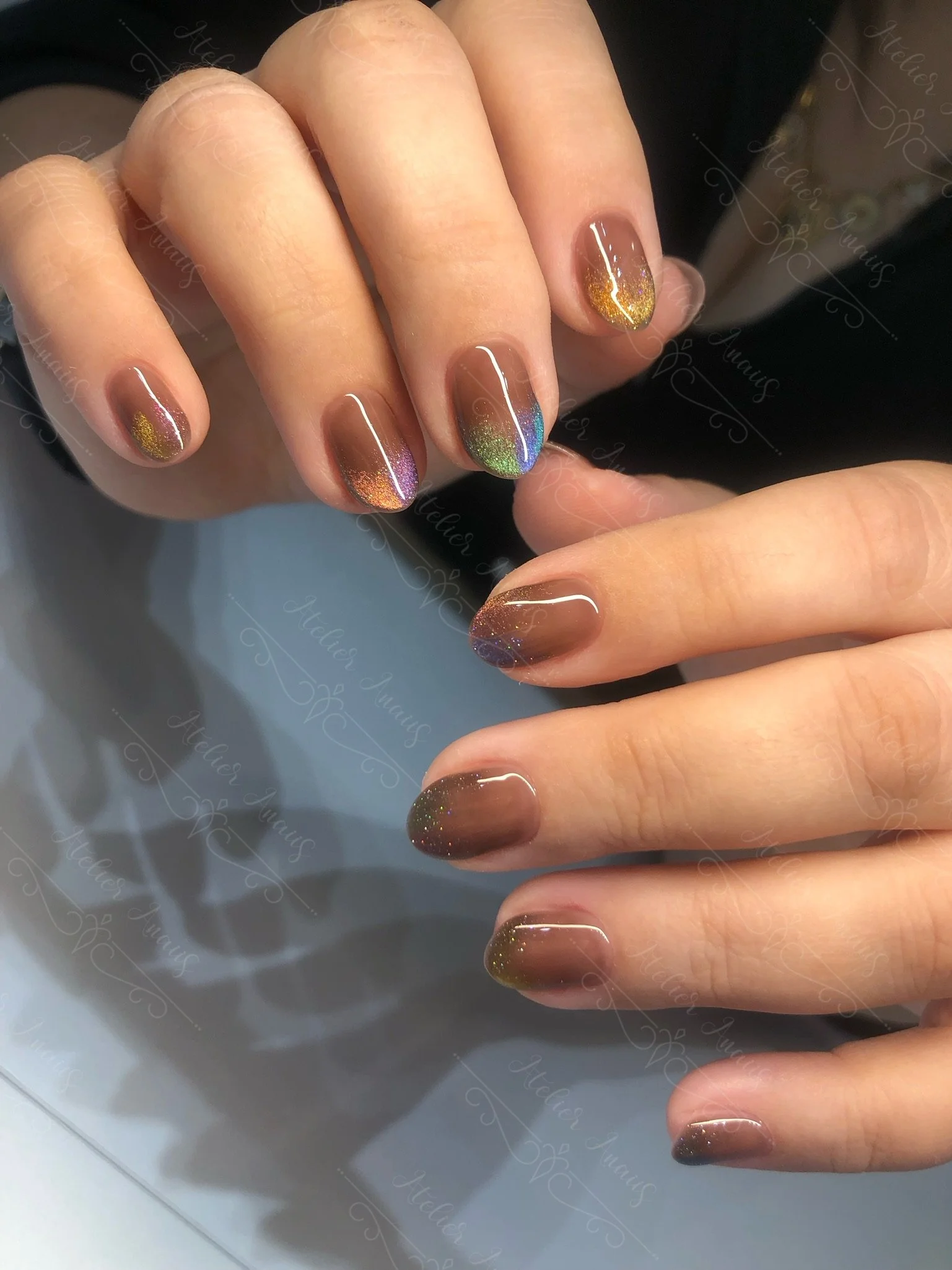 Soft Brown Jelly Short Nails with Cat-Eye French