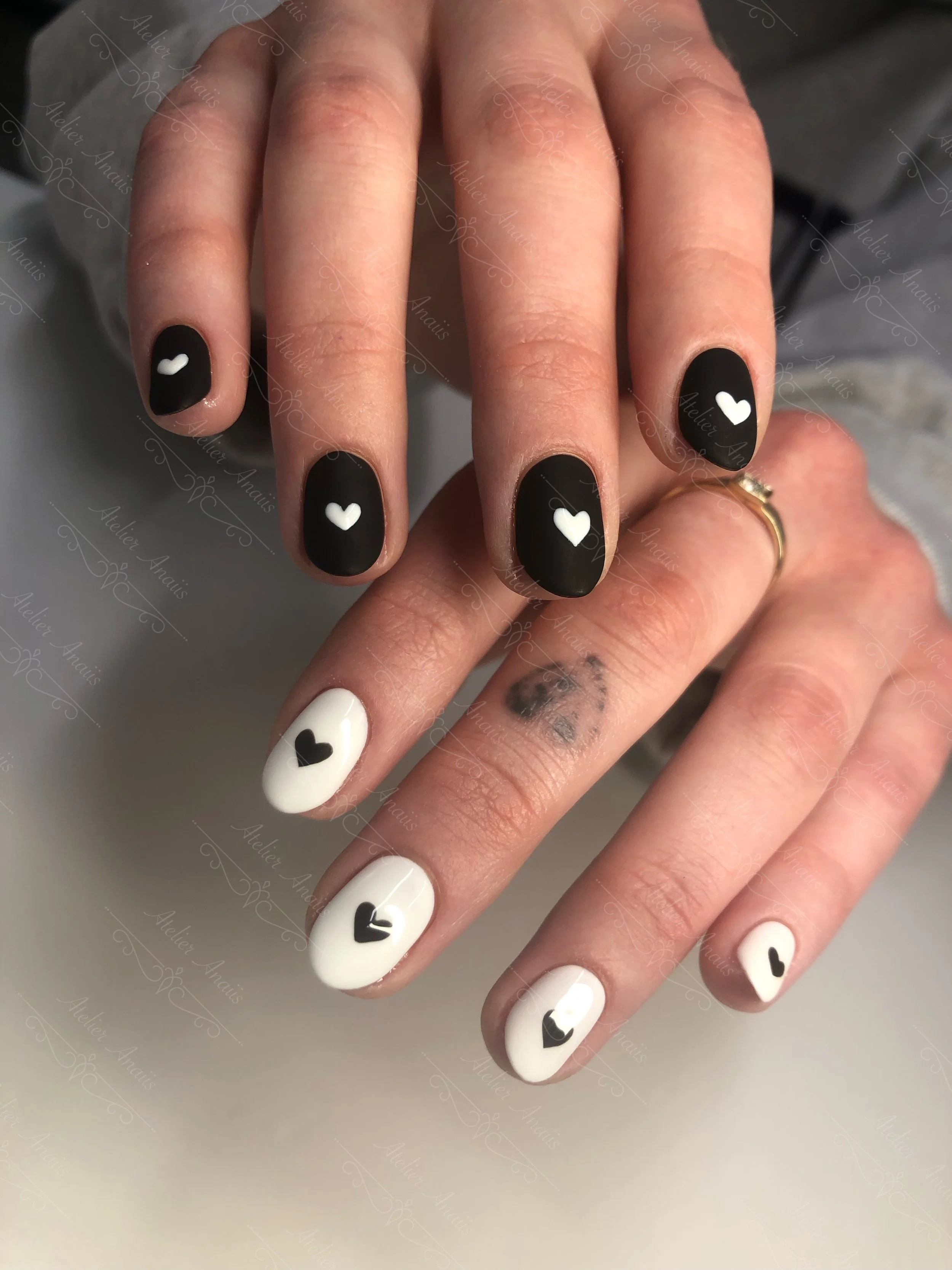 Classy Black and White Hearts Short Nails for Valentine’s Day