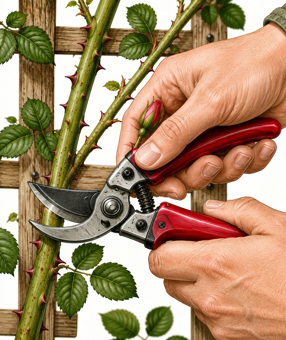 An illustration of a hand pruning a cane of a rose plant, as part of an Atelier Anaiis case study.