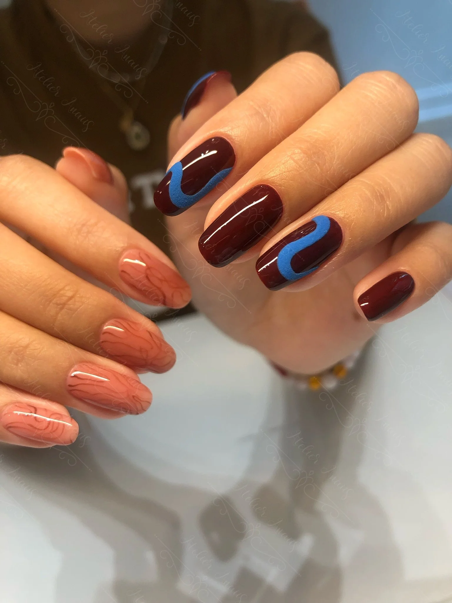 Japanese Nail Art in Deep Red Maroon with Blue Lines
