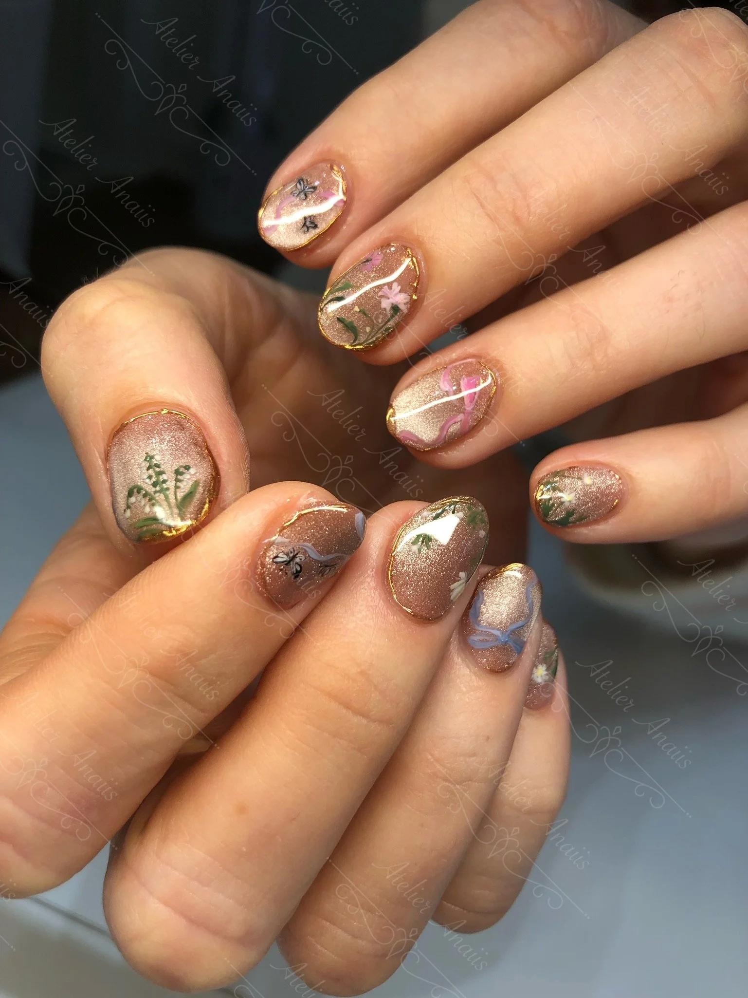 Floral Nails with Hand Drawn Bows, Butterflies, and Flowers on Nude Cat-Eye Velvet