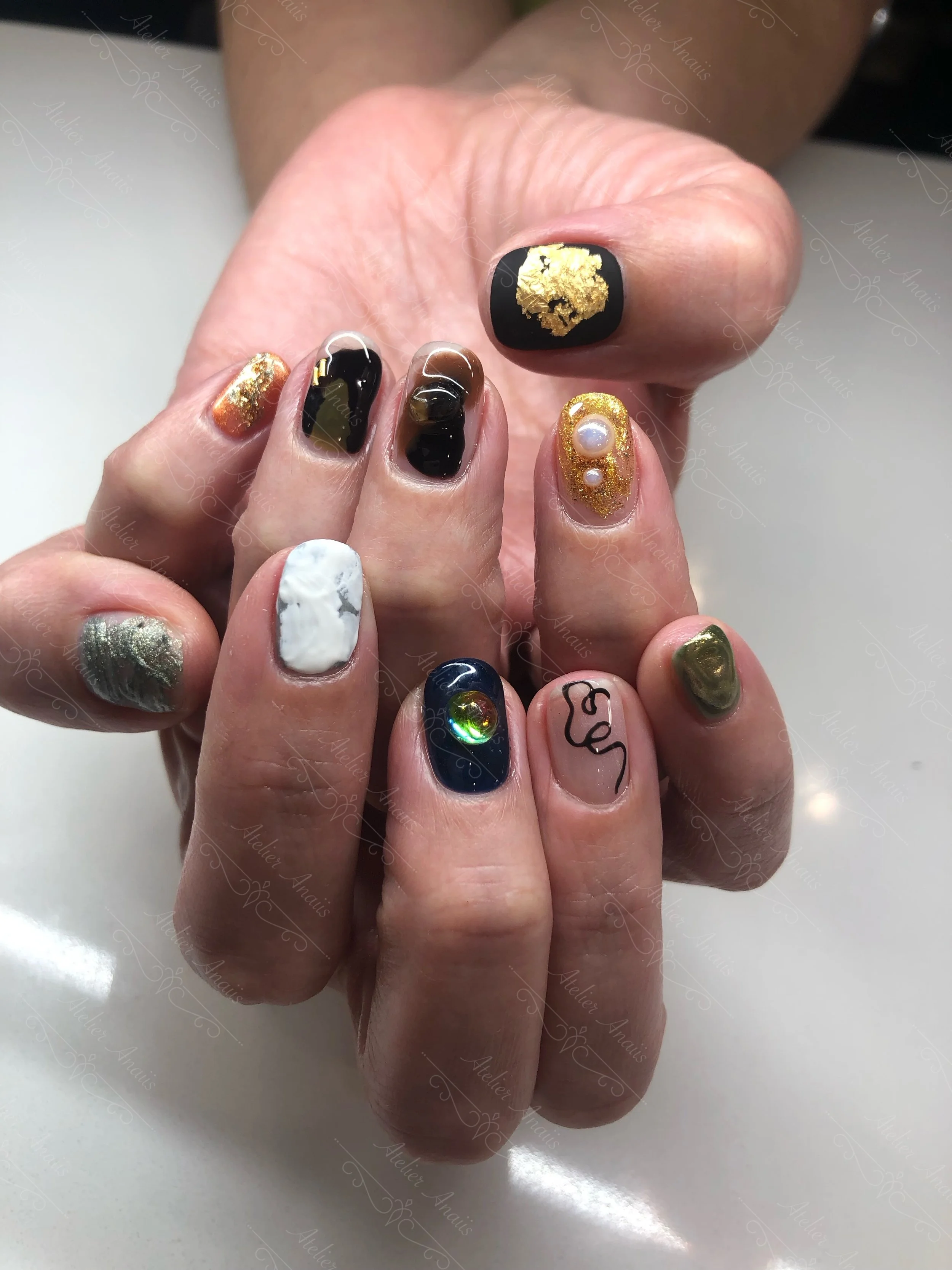 Pearls and Gold Short Nail Art.JPG