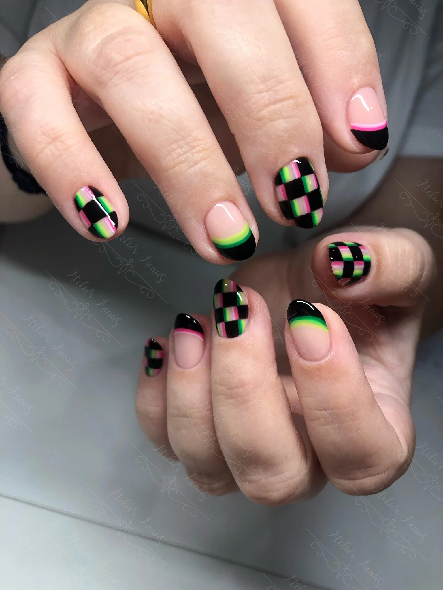 Pink Green and Black Modern Contemporary French Nails