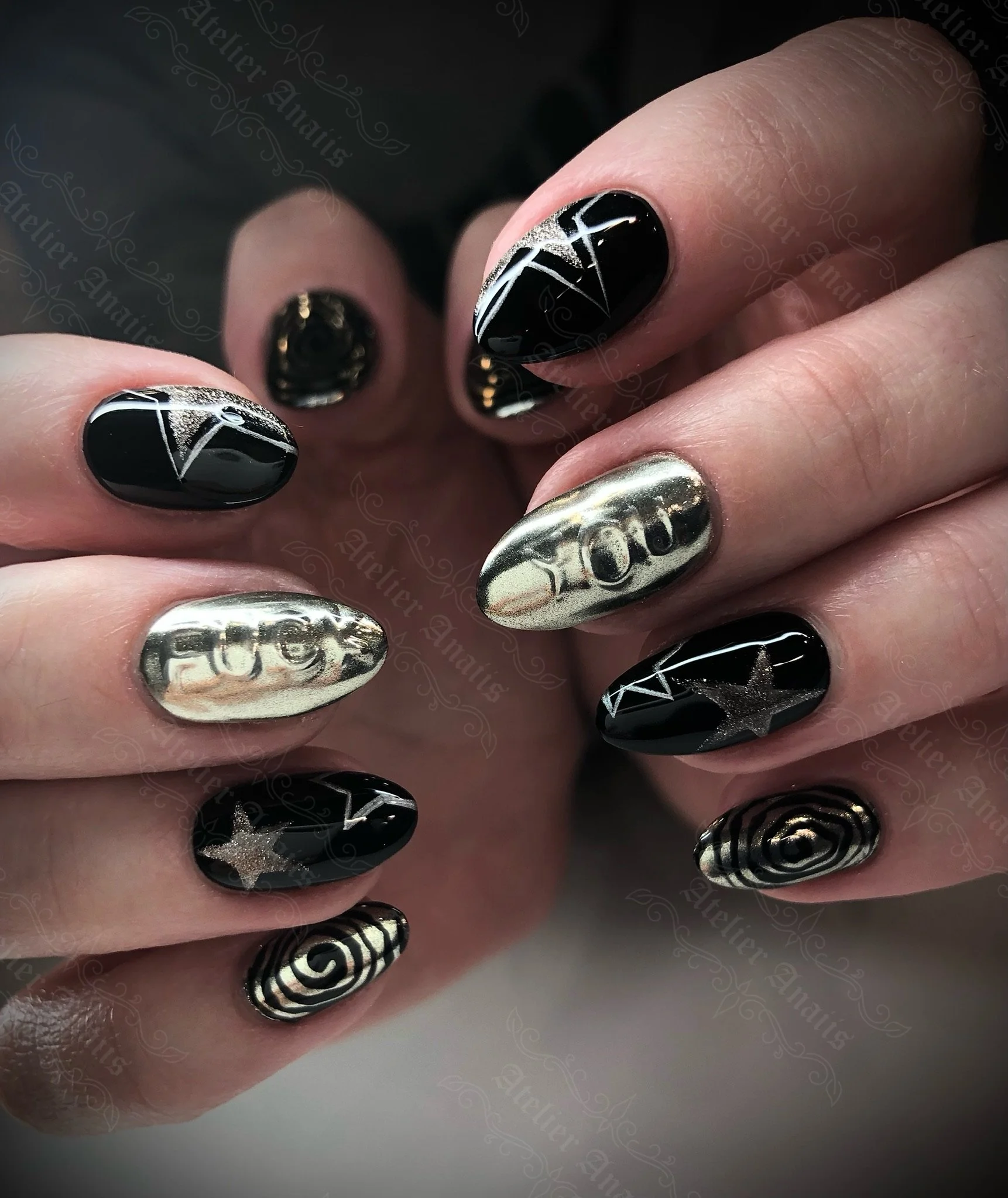 Black and Silver Embossed Nail Art with Stars and Attitude