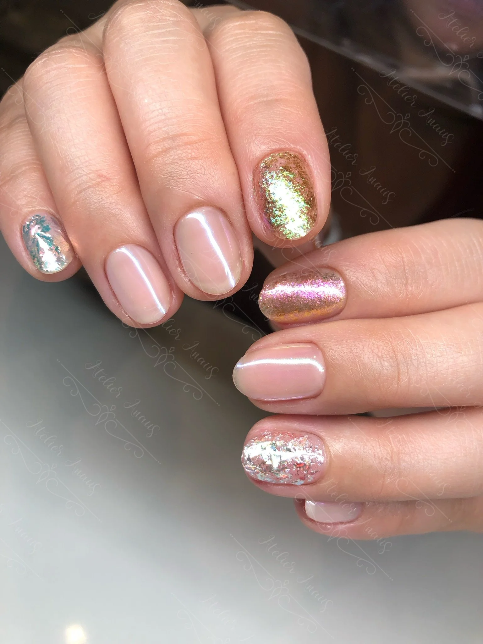 Nude Pink Nails with Embossed Chrome