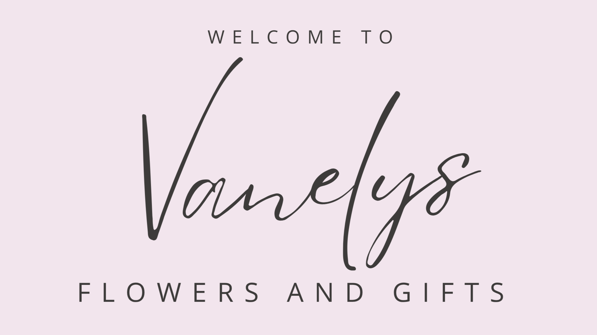 Pink banner with black text that reads "Welcome to Vandeys Flower Shop. Flowers and Gifts."
