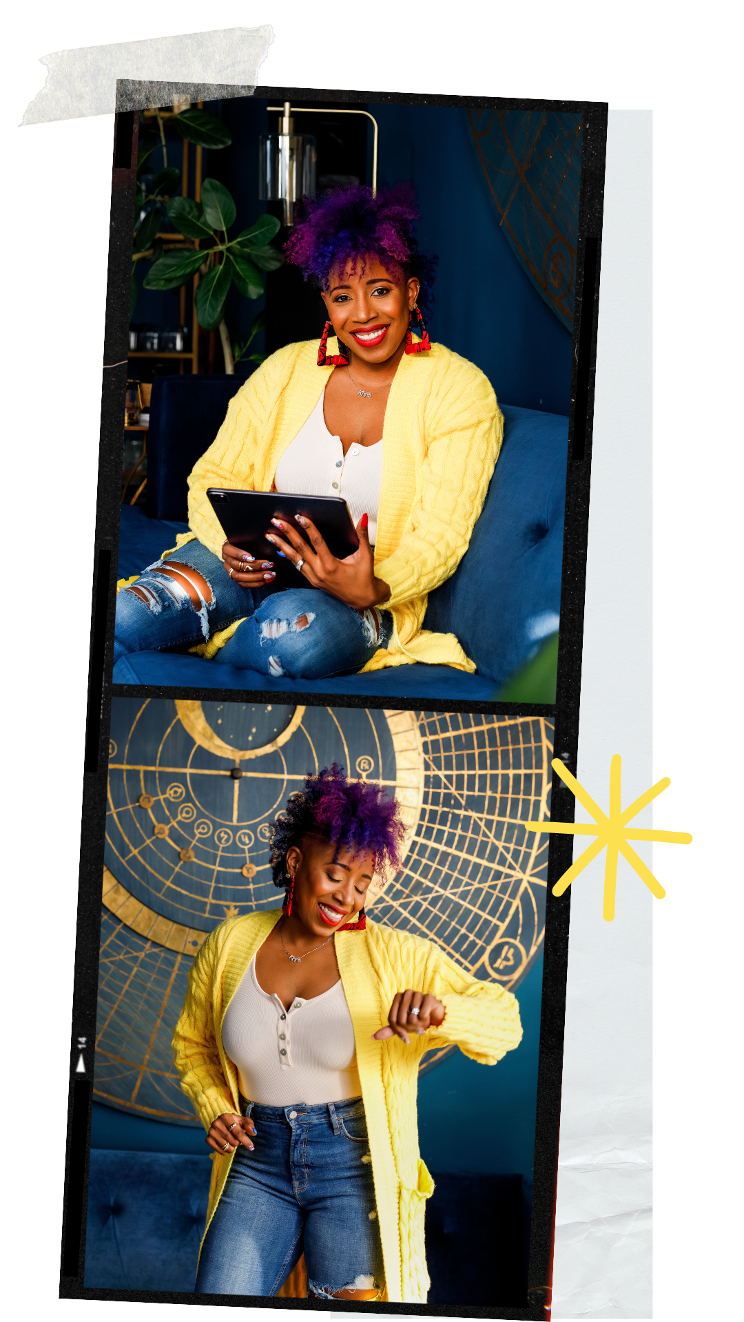 A woman with purple curly hair, wearing a yellow cardigan, white top, and ripped jeans, smiling and posing in front of a gold astrological zodiac clock.