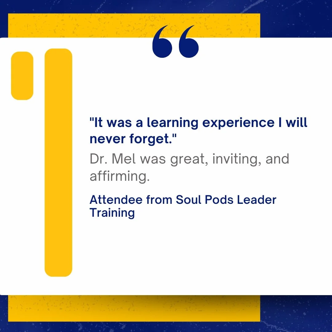 Quote from attendee at Soul Pods Leader Training praising Dr. Mel, saying it was a learning experience they will never forget.