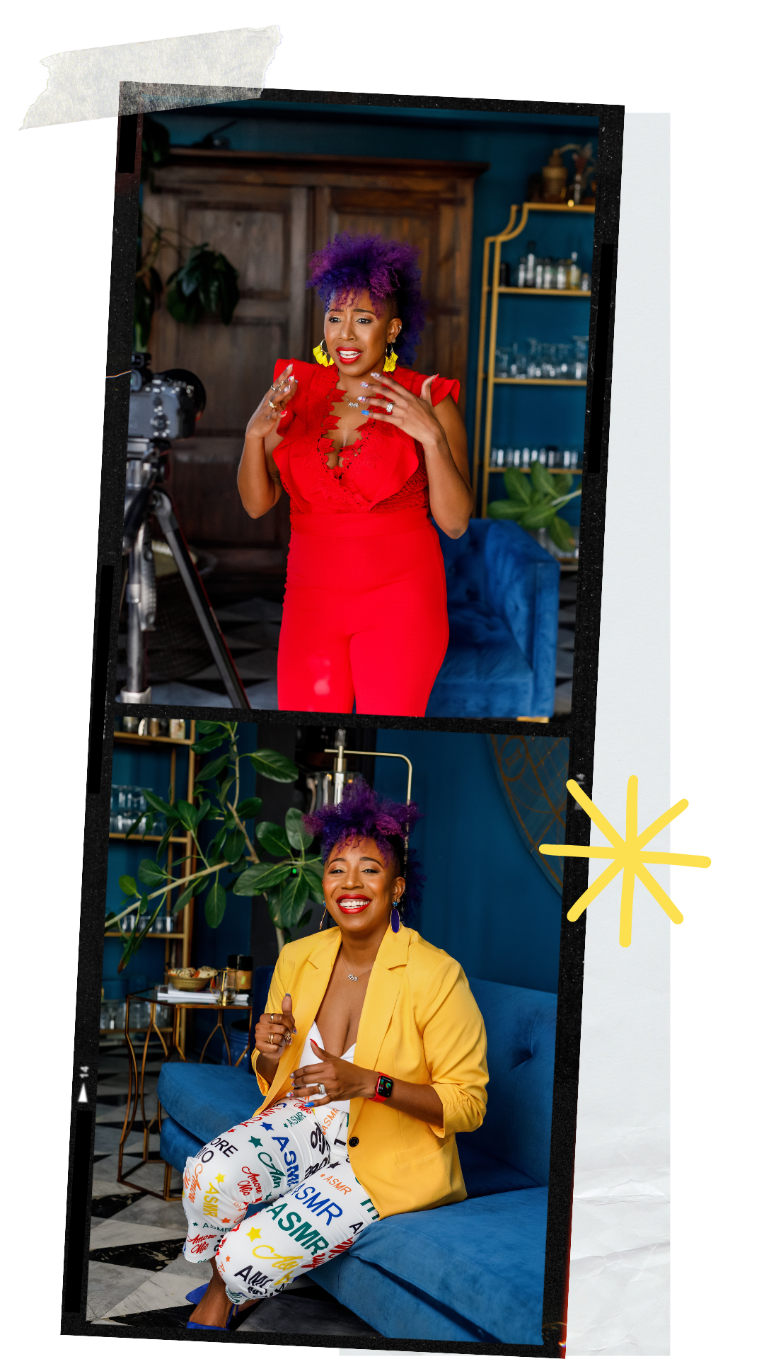 Two women, both being Dr. Mel Robinson-Brown, with purple hairstyles, dressed in colorful outfits, are talking into a camera in a home setting with blue walls, plants, and furniture.