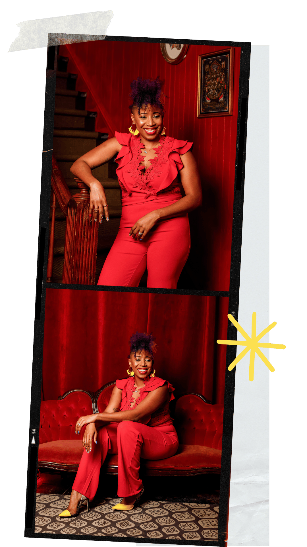 A woman in a red sleeveless dress with ruffle details, and matching red pants, smiling and posing in a vintage-style room with red wood-paneled walls. The second pose shows her seated on a red velvet sofa with a patterned carpet, wearing yellow heels with a black stripe, and yellow earrings, in front of a red wooden wall.