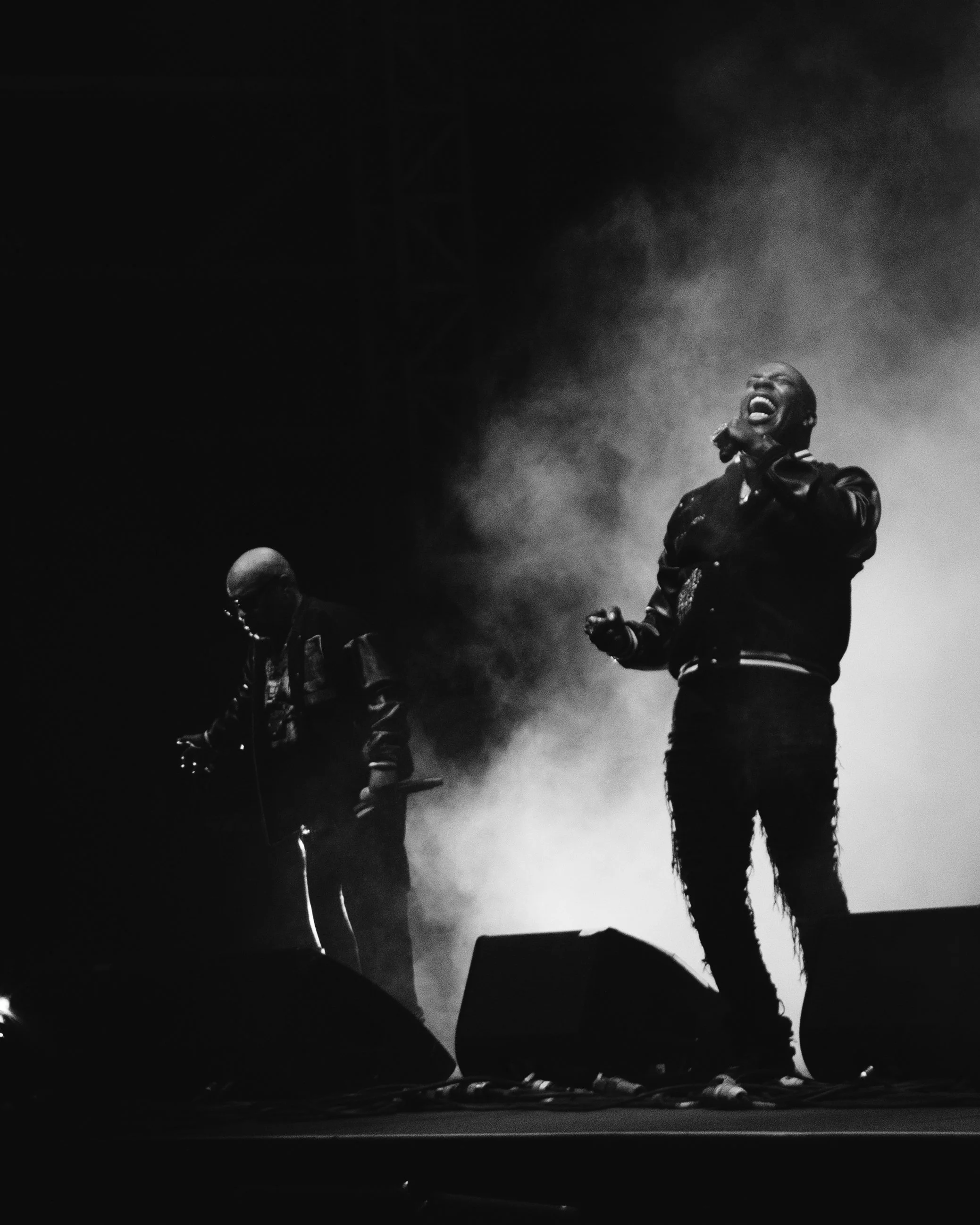 Two performers on stage, Busta Rhymes and SpliffStarr, one singing passionately with a microphone and the other looking down, with stage lights and smoke in the background at SouthFacing Festival in Crystal Palace