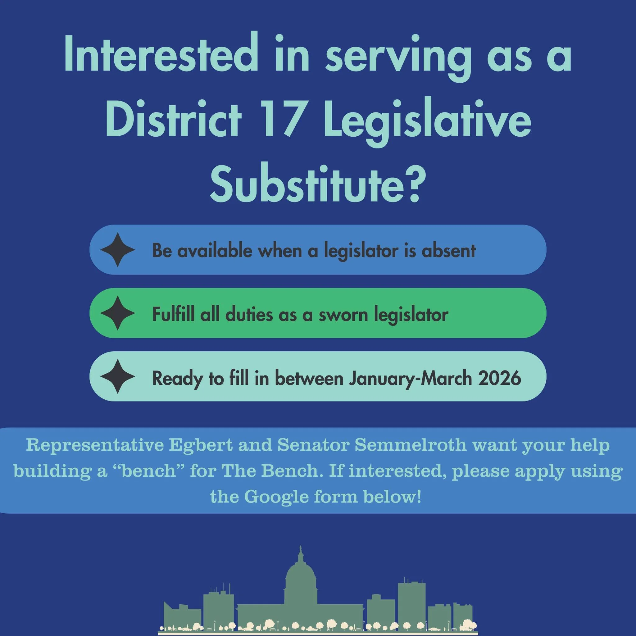 Interested in being a substitute during the 2026 legislative session? Senator Semmelroth and I are building a "bench" for The Bench! Substitutes perform all the duties of a legislator as a volunteer (unpaid) for a period of 3 or more days w