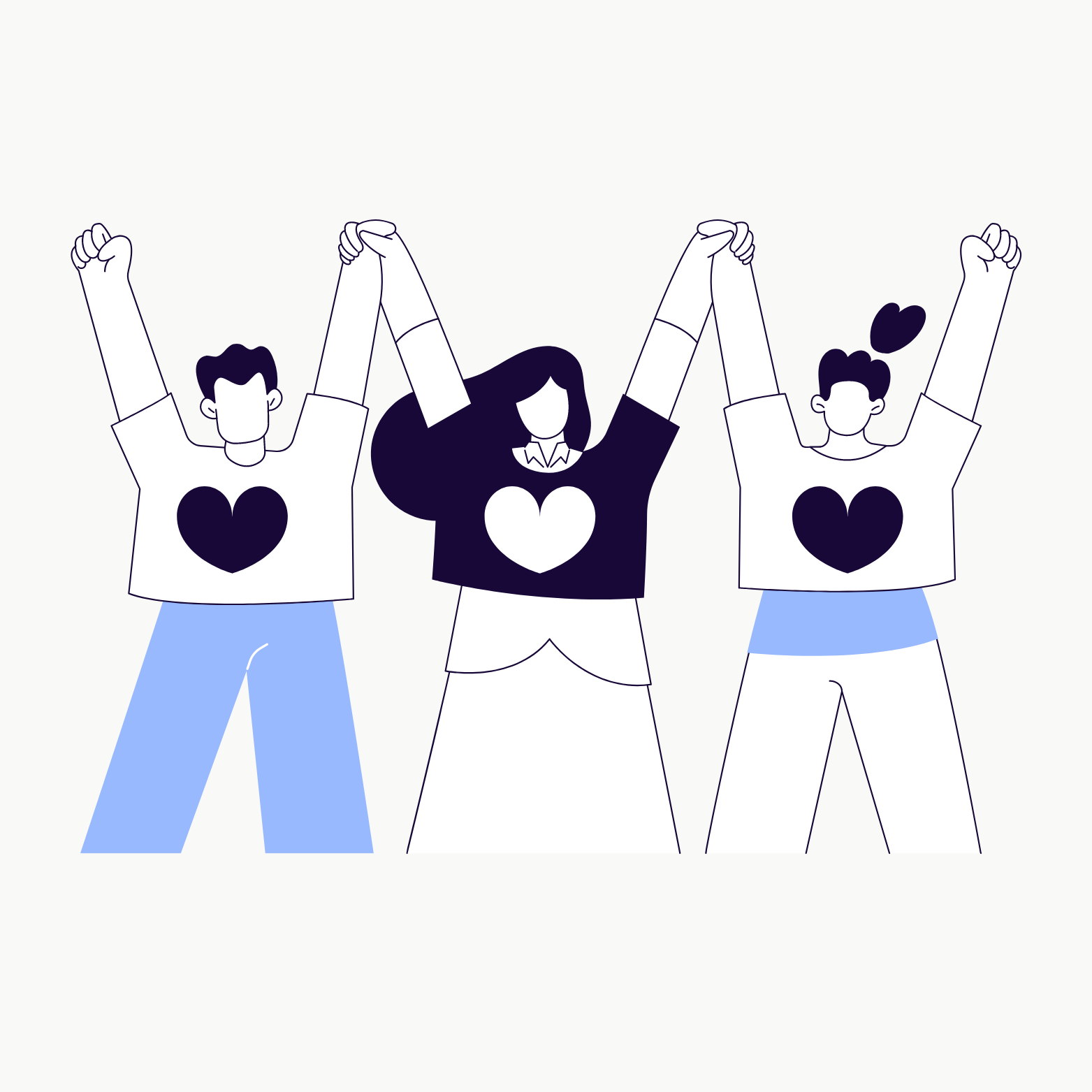 Illustration of three people with connected hands and heart symbols on their shirts