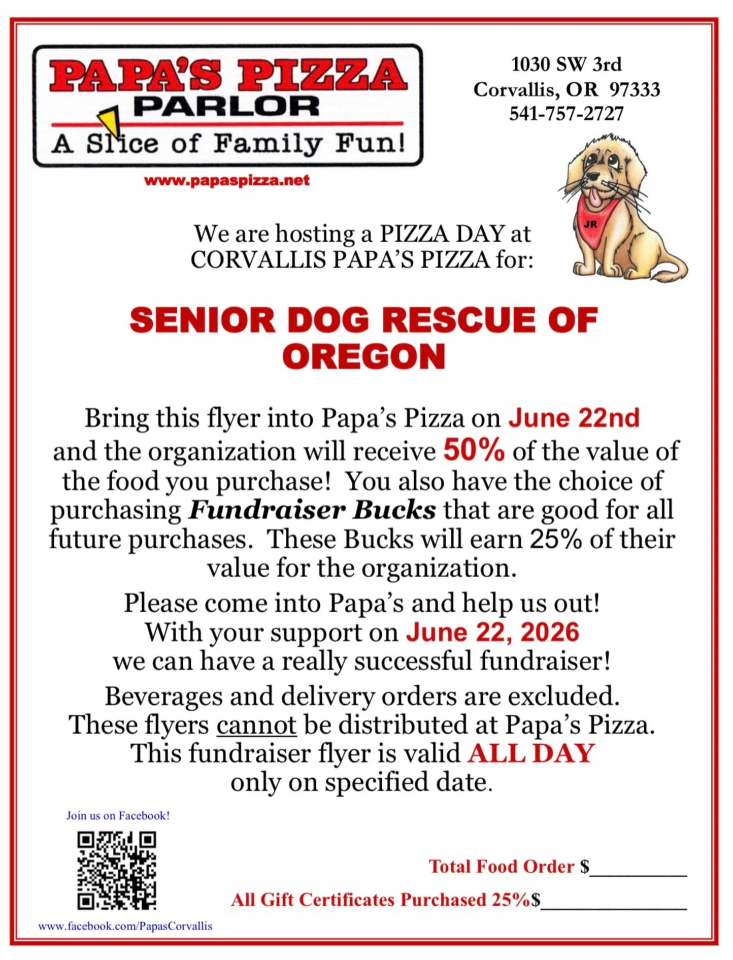 Slices for Seniors 🍕🐶

Mark your calendars! Eating delicious pizza can help save senior pups! We are hosting a special Pizza Day fundraiser at @corvallis_papas_pizza to support the Senior Dog Rescue of Oregon! 🐶❤️

Here is everything you need to k
