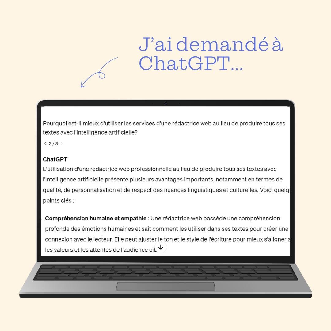 Ma requ&ecirc;te 😁 : 

&quot;Pourquoi est-il mieux d'utiliser les services d'une r&eacute;dactrice web au lieu de produire tous ses textes avec l'intelligence artificielle?&quot;

Sa r&eacute;ponse (sans aucune r&eacute;vision du fran&ccedil;ais) 😆
