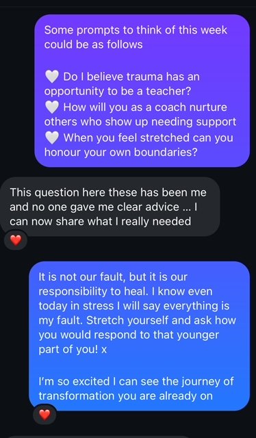 Screenshot of a group chat with text messages discussing trauma, coaching, boundaries, and self-care, including heart emojis.