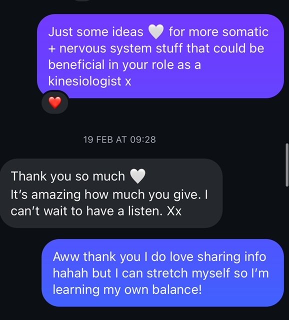 A screenshot of a text conversation with purple and black message bubbles. The purple messages discuss ideas related to the somatic and nervous system, and the black message is a reply thanking the sender and expressing excitement to listen. The date