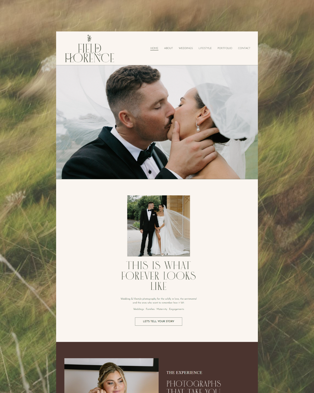 A wedding website homepage featuring romantic images of a bride and groom, with text about wedding photography services.