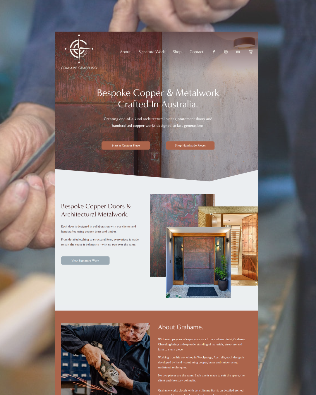 Website homepage for Grahame Chaseling, showcasing custom copper and metalwork, with images of doors and artwork, and a man working with a grinder.