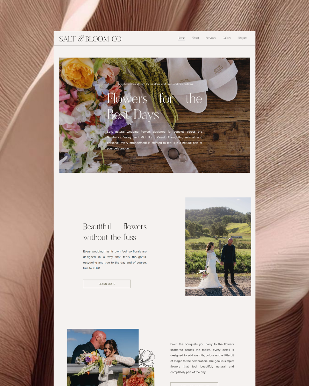 Screenshot of a wedding flower shop website called Salt & Bloom Co, featuring images of wedding bouquets, rings, and couples in a scenic outdoor setting.