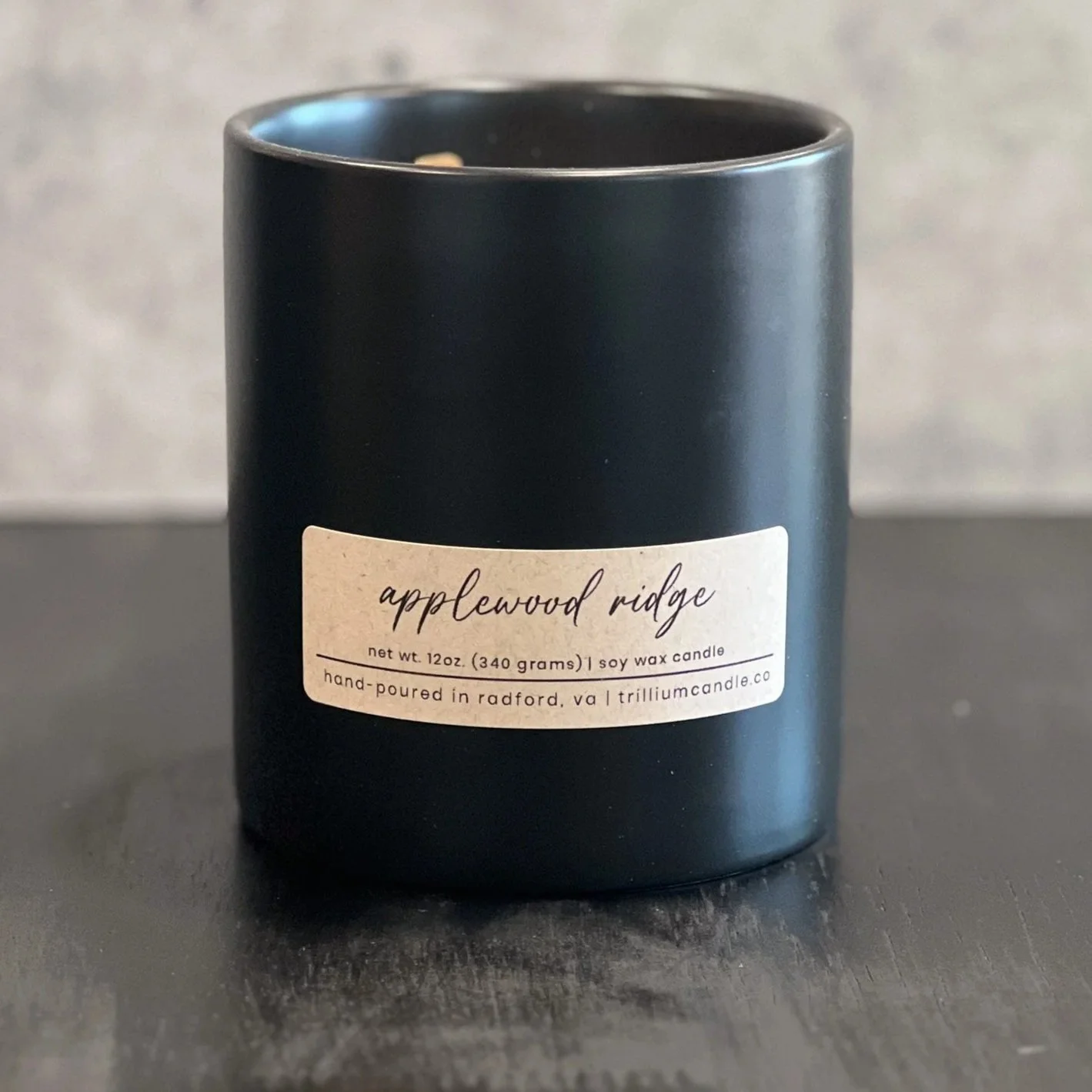 Applewood Ridge hand-poured soy candle with orange peel, cinnamon, apple, and vanilla; artisan Appalachian Outdoors candle made in Virginia, small-batch, eco-friendly.
