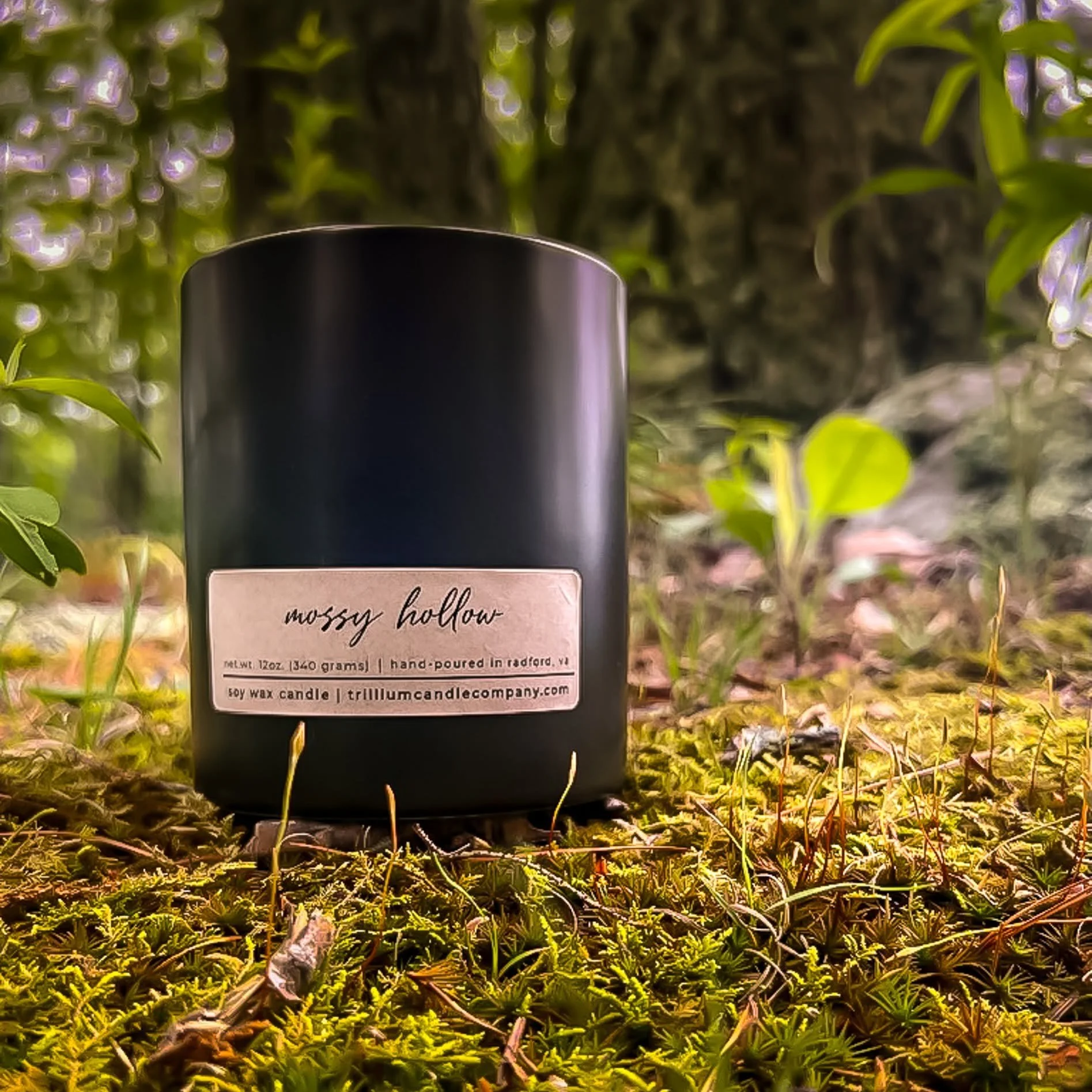 A black candle with a beige label that reads 'mossy hollow' is placed outdoors among green moss, grass, and plants. The background is blurred with green leaves and a tree trunk.