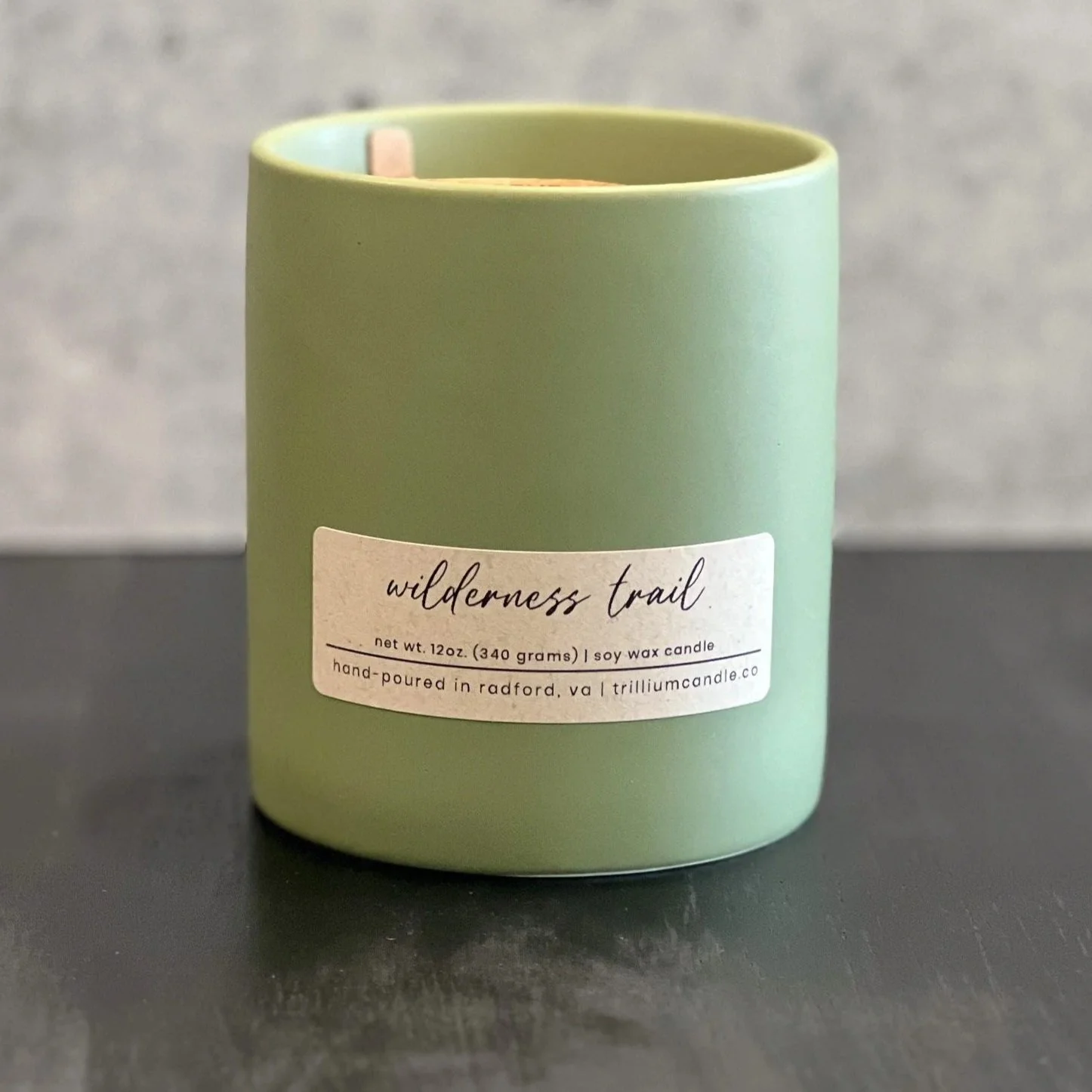 Wilderness Trail hand-poured soy candle with clove, pine, cedar, and moss; artisan Appalachian Outdoors candle made in Virginia, small-batch, eco-friendly.