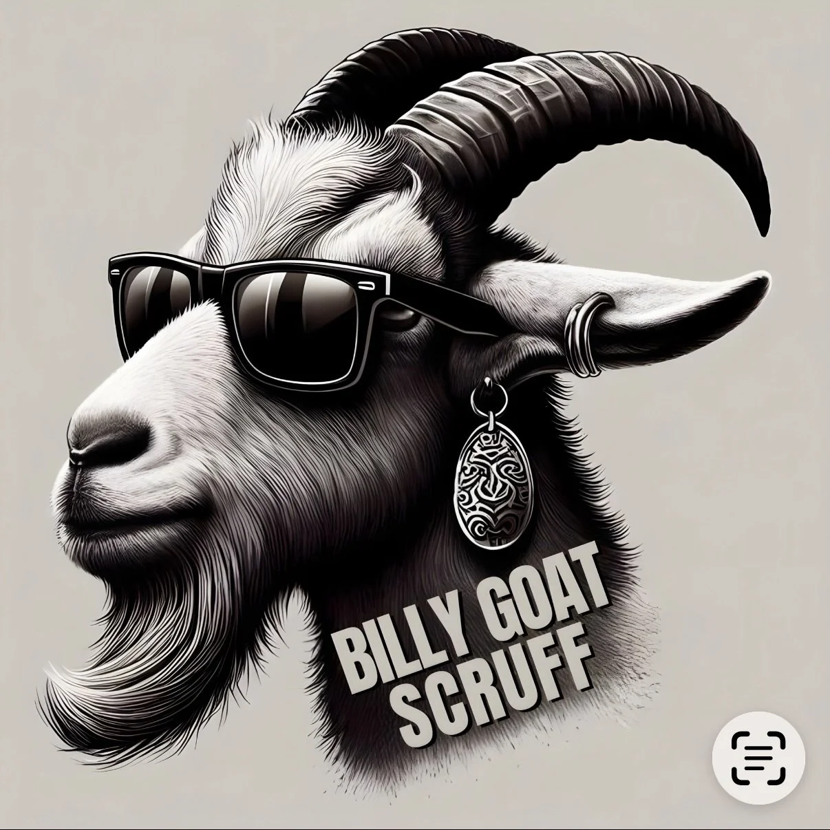 Logo for Billy Goat Scruff band feauring a goat wearing sunglasses and an earring.