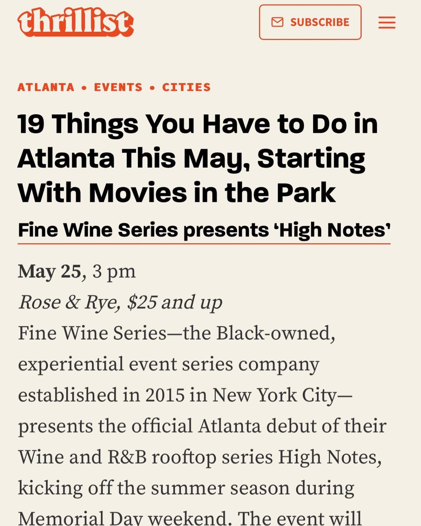 Thank you @thrillist for the feature! Memorial Day Weekend in Atlanta is going to be special🥂 

The Official Atlanta Debut of High Notes 🍷🎶 by Fine Wine Series! We&rsquo;re celebrating with complimentary wine cocktails, the cities best R&amp;B DJs
