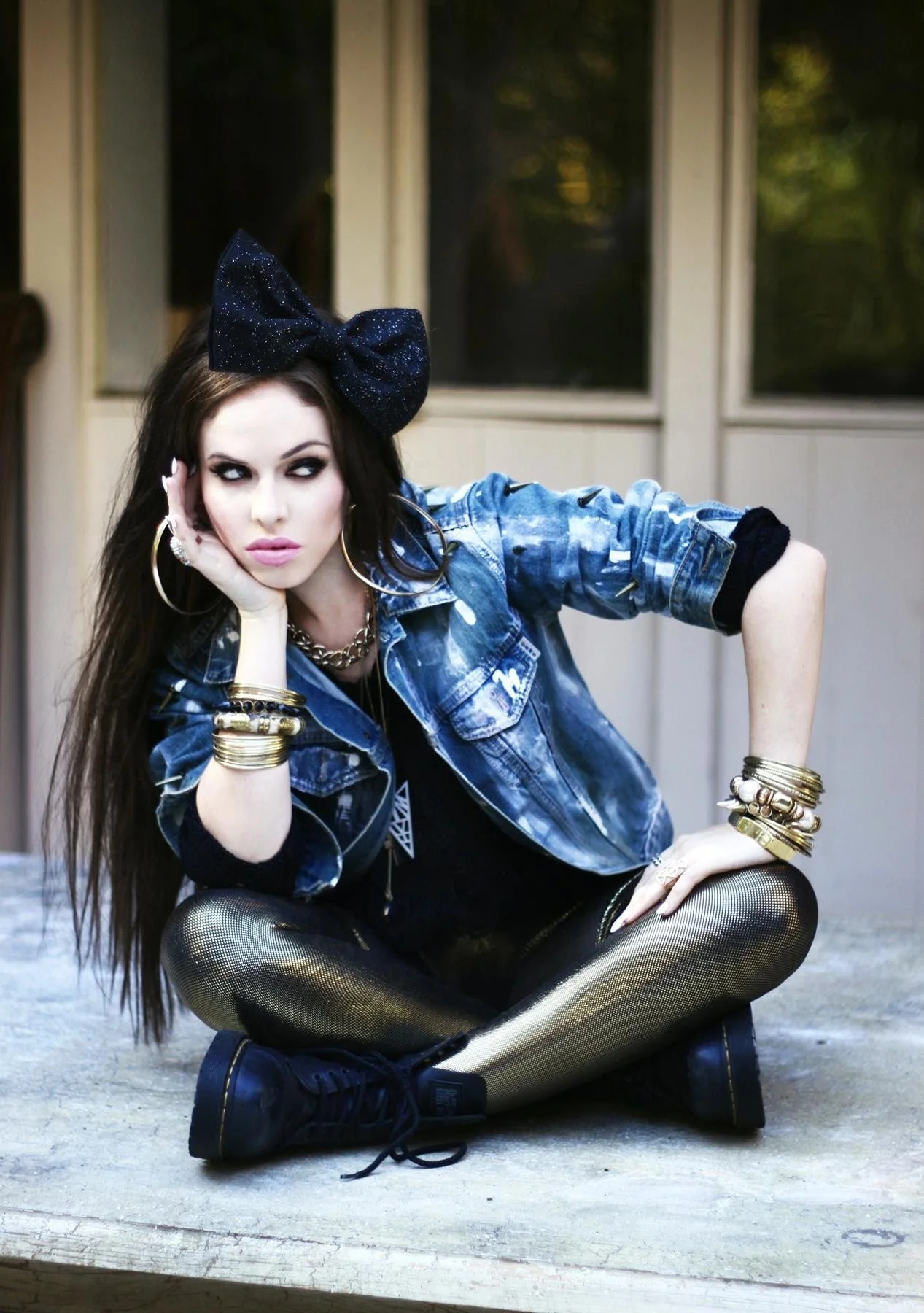 Custom Wardrobe: Hand painted/Studded Denim Jacket and head Bow on Kelsey Karter