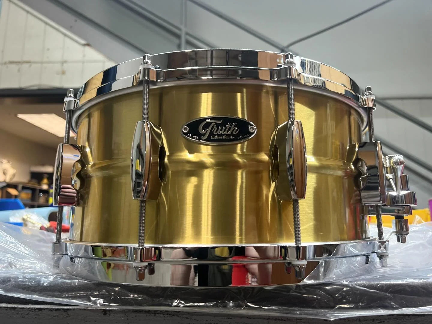 This sweet little number for @jablazeroman!  14x6.5, 1 mil natural brushed brass, chrome hardware and Die Cast hoops.  His kit is coming soon!
