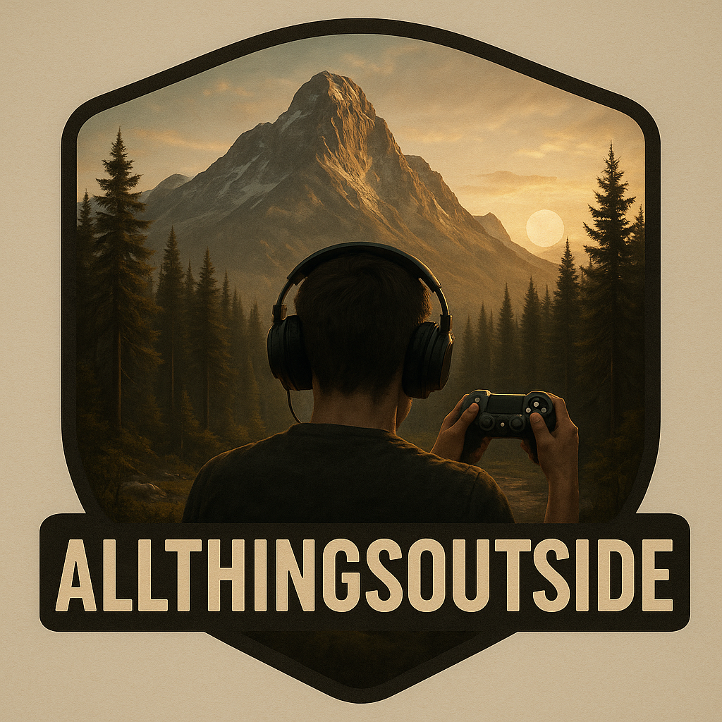 A person wearing headphones and holding a game controller, sitting outdoors and looking at a mountain landscape with tall pine trees and a setting sun, with the words "ALLTHINGSOUTSIDE" written below.