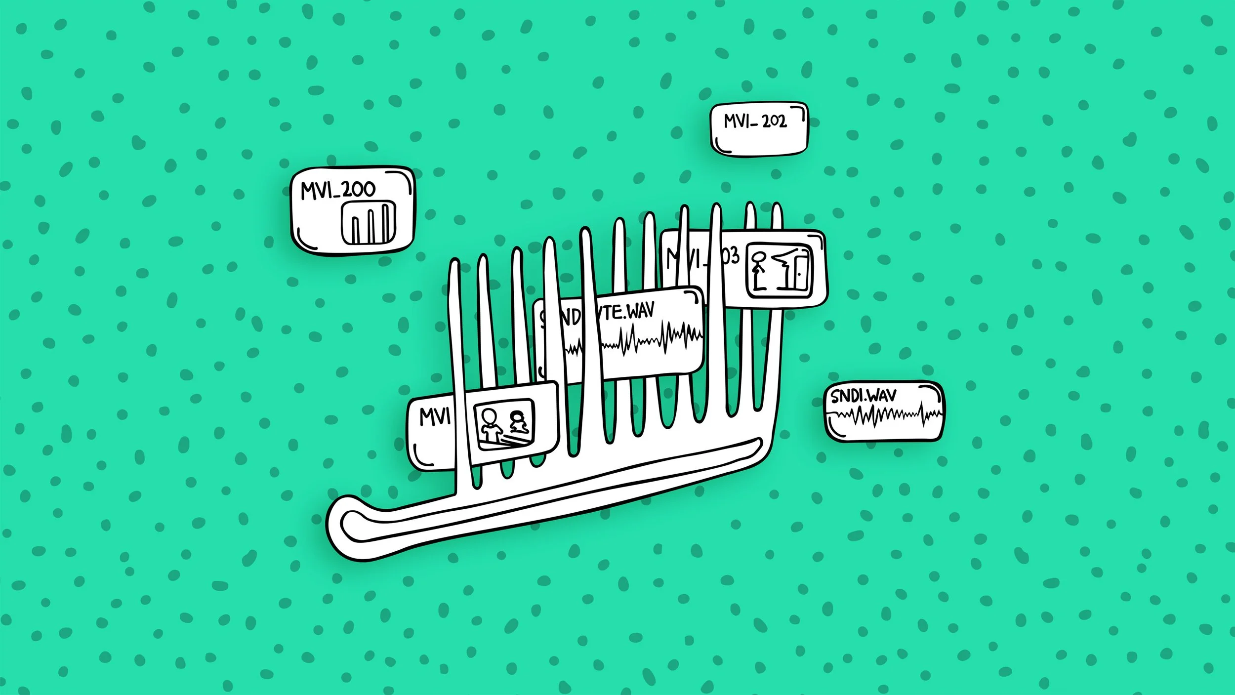 A hand-drawn comb has video and audio clips sitting within the teeth of the comb, on a mint green background with little dots