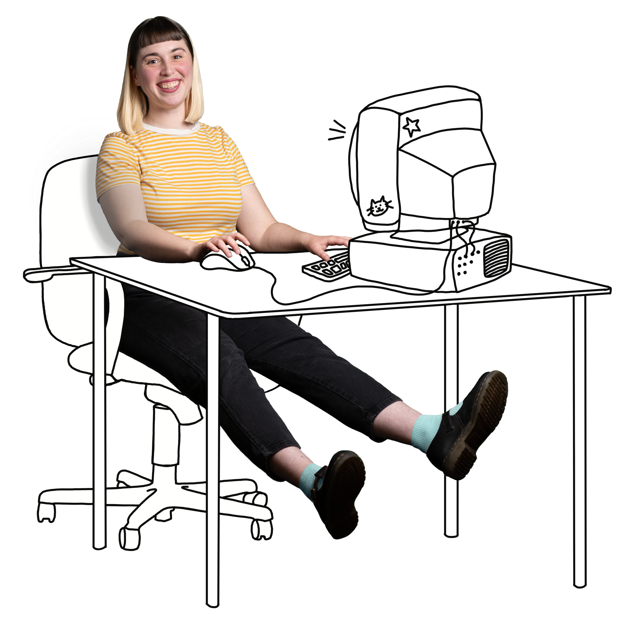 A woman with blonde and brown hair in a yellow striped shirt and black pants sits at a hand-drawn cartoon desk working on a computer