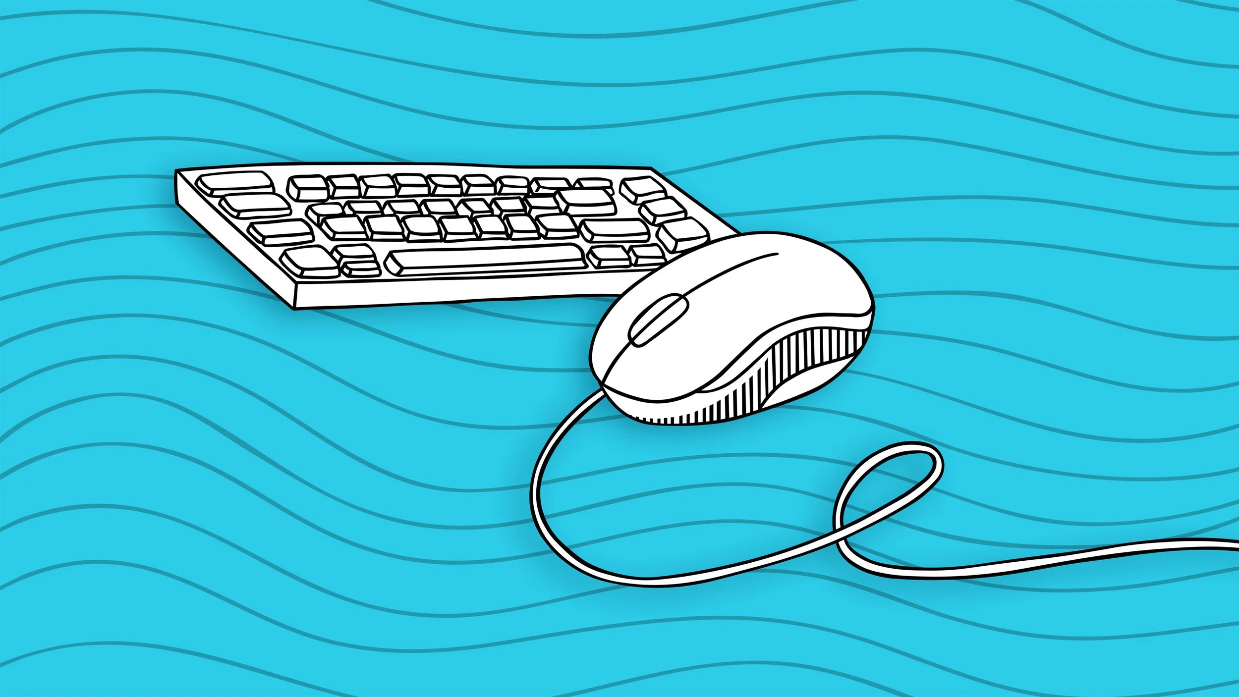 A hand-drawn computer mouse and keyboard is on a light blue background with squiggly lines