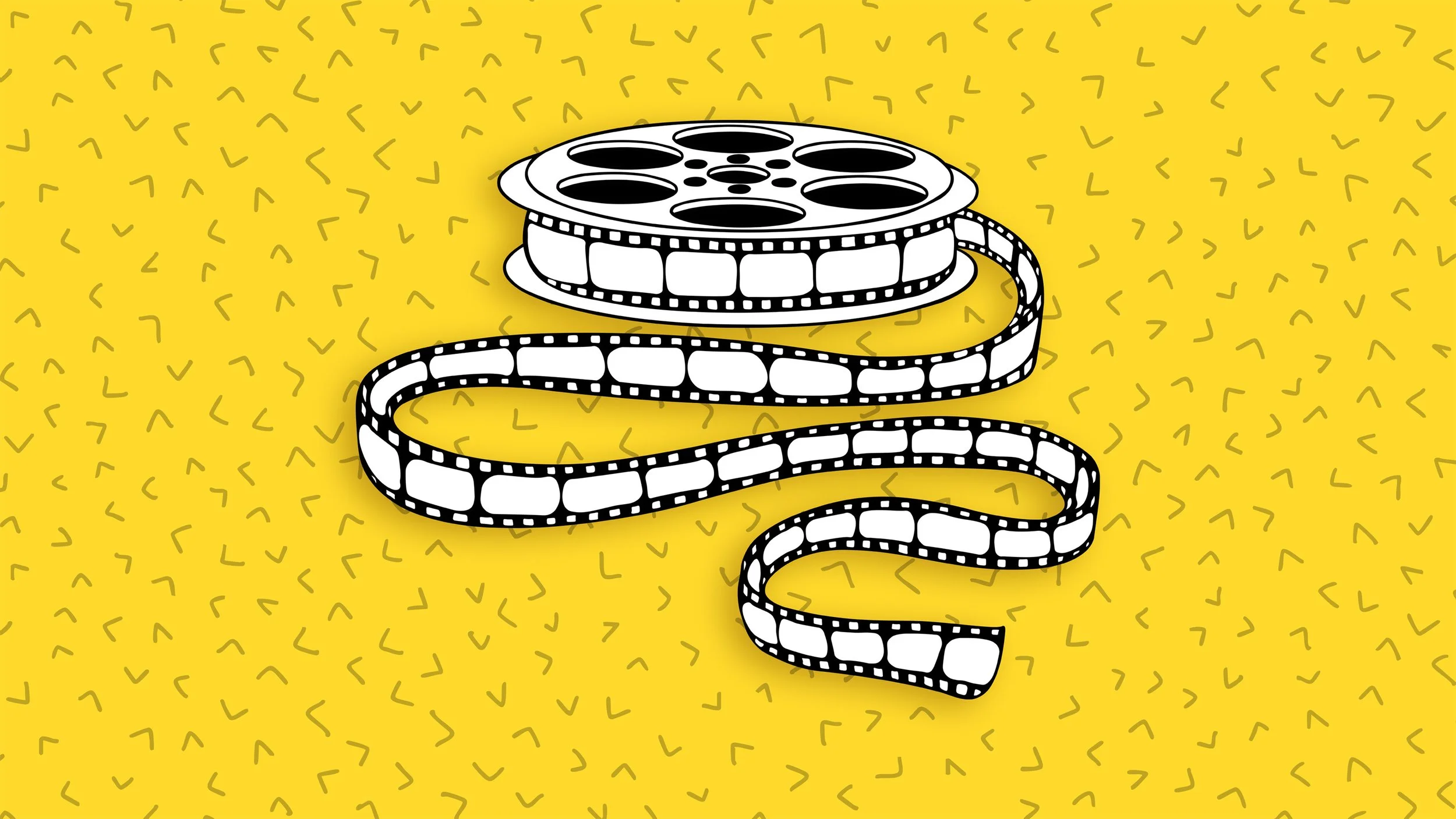 A hand-drawn film reel is on a yellow background with little triangles