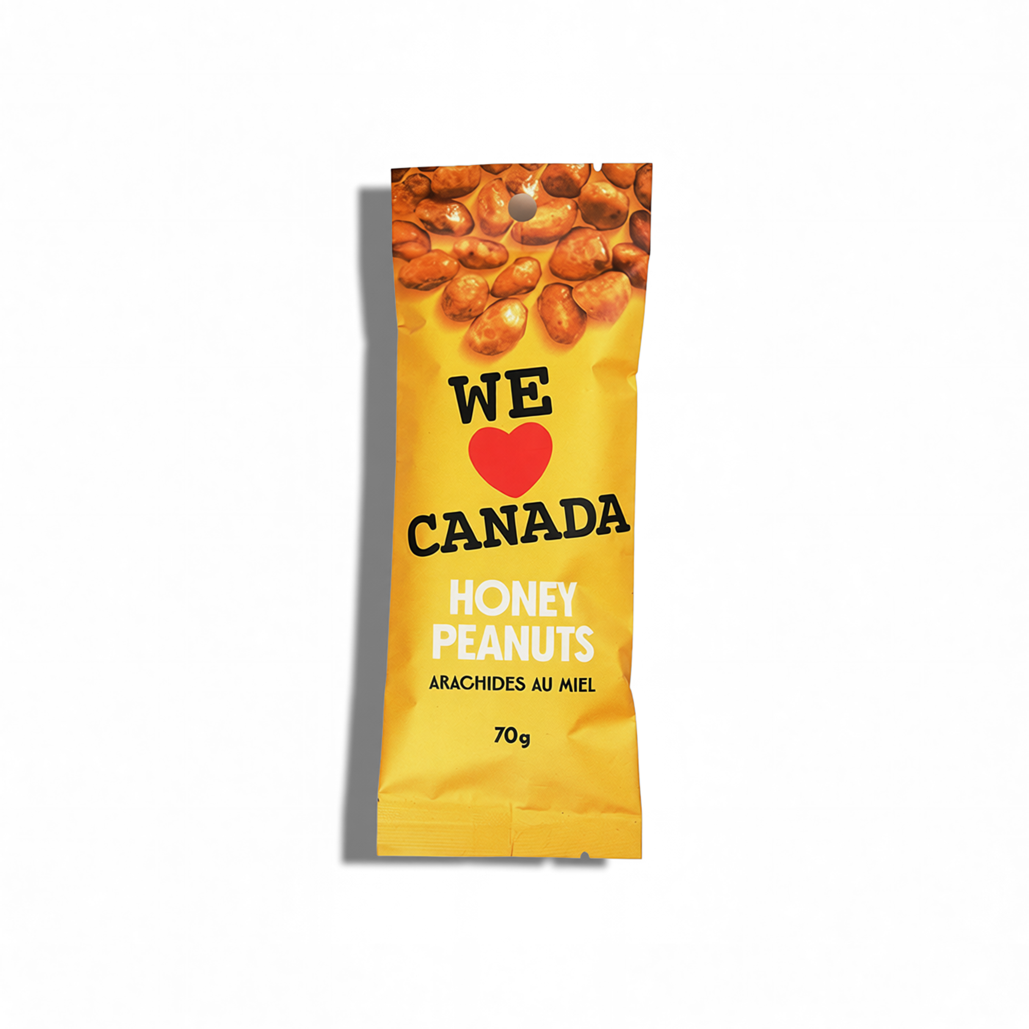 Yellow packaging of honey peanuts with almonds, labeled 'We ♥ Canada Honey Peanuts, Arachides au miel, 70g.'