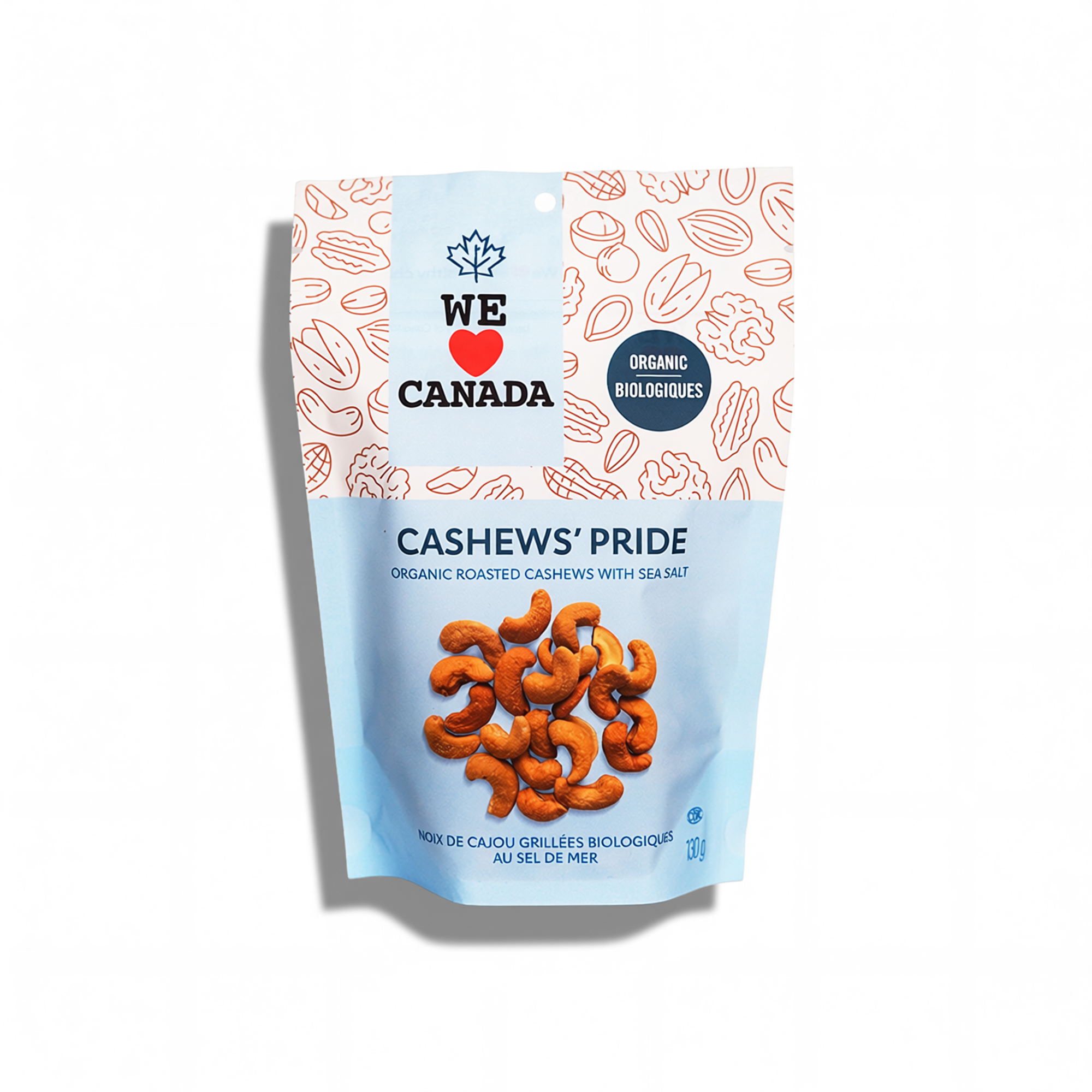Package of We Love Canada Cashews Pride, organic roasted cashews with sea salt, with a white and light blue label and orange cashews pictured in the center.