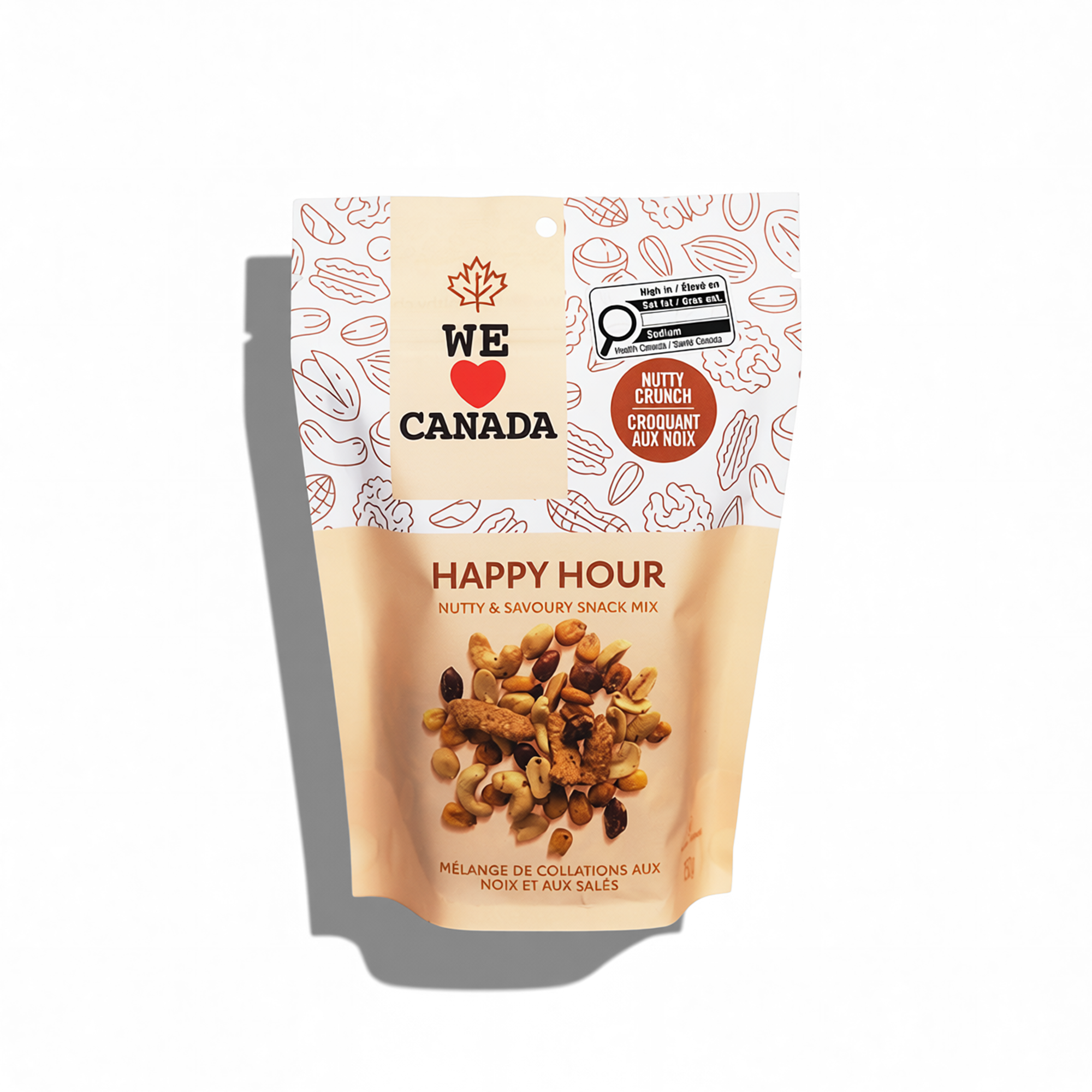 A bag of Canadian Nutty Crunch Happy Hour snack mix with the label "We Love Canada" and a maple leaf logo, featuring a variety of nuts and crunchy snacks on the front.